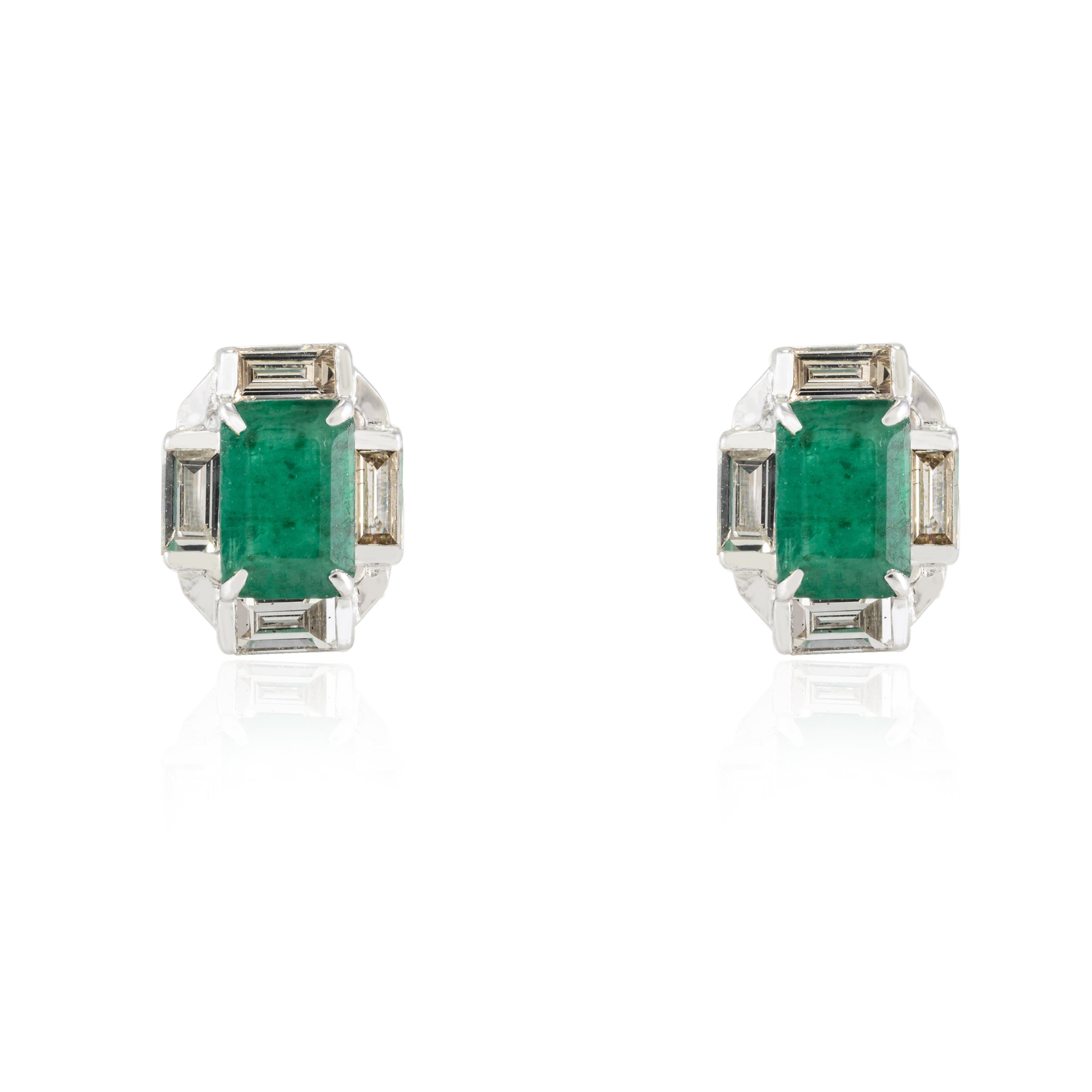 18K Gold Emerald & Baguette Diamond Halo Studs