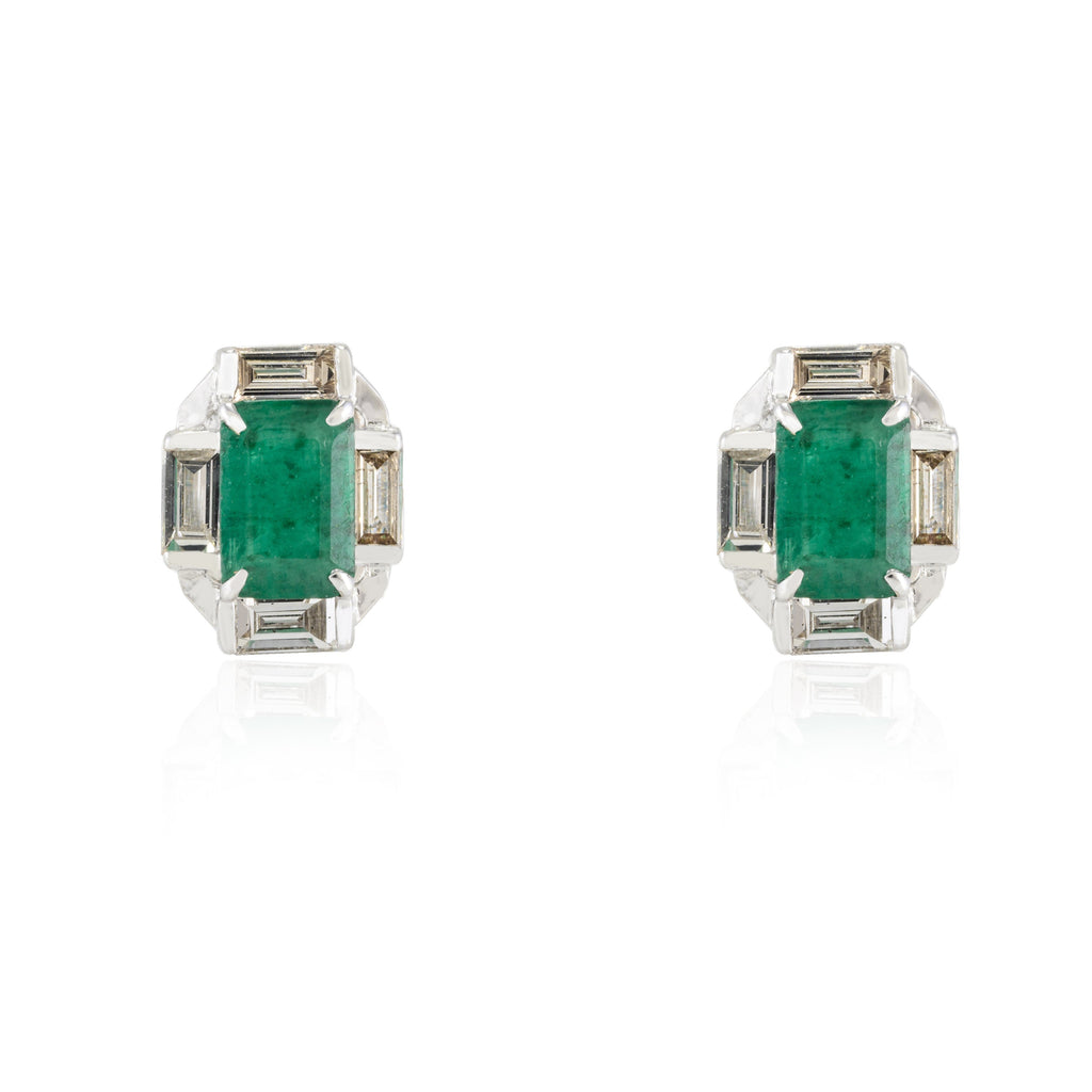 18K Gold Emerald & Baguette Diamond Halo Studs Image