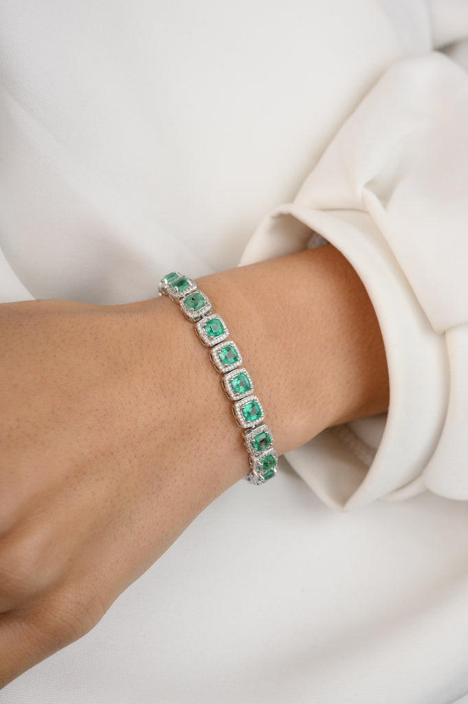 18K Gold Emerald Halo Diamond Tennis Bracelet Image