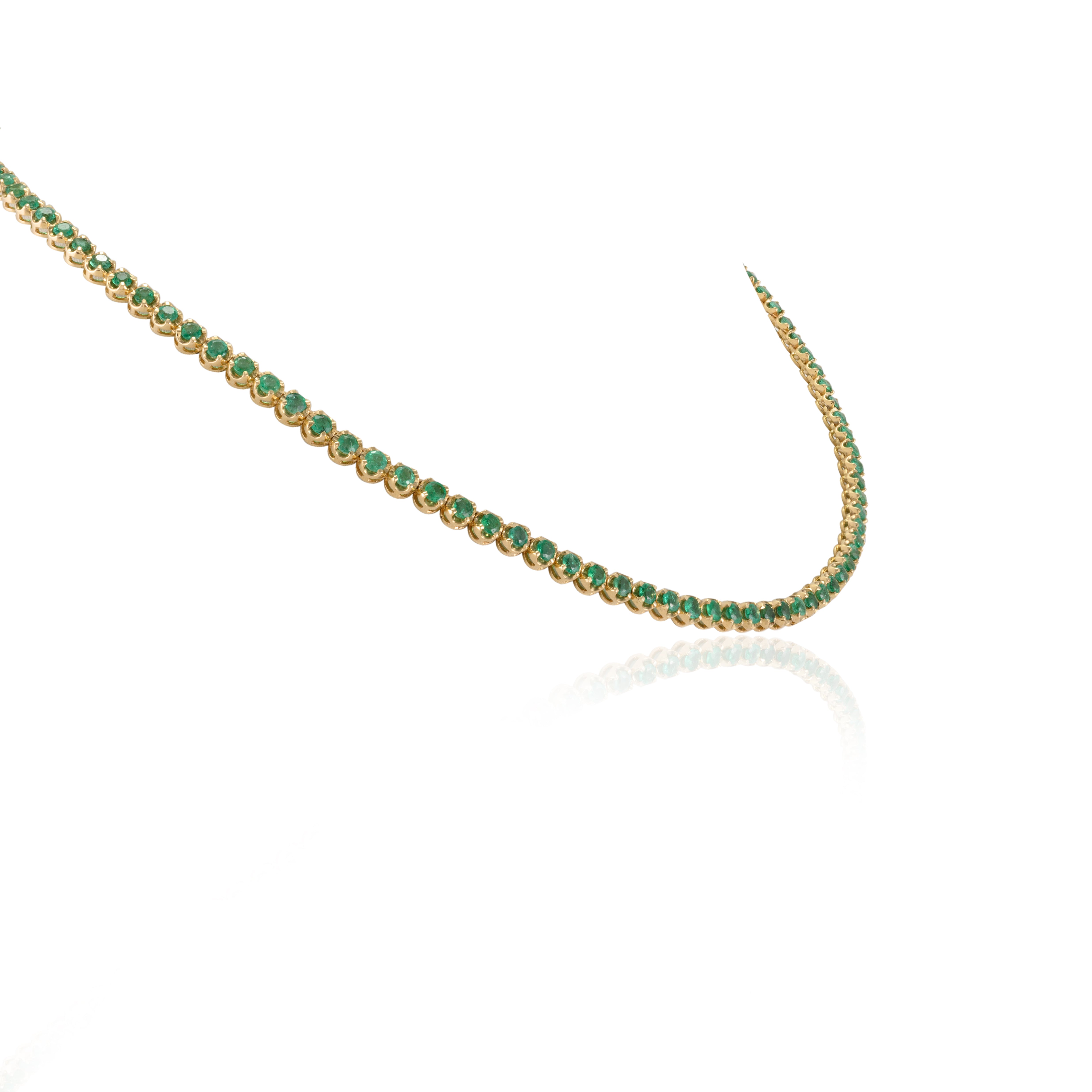 18K Gold Round Cut Emerald Tennis Necklace