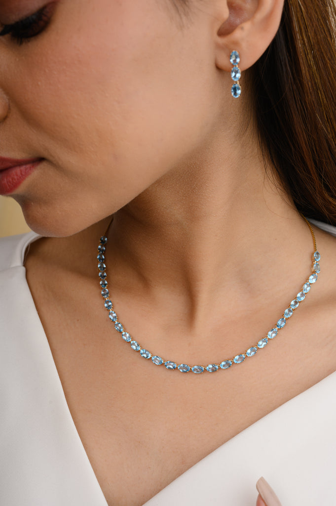 Natural Blue Topaz Gemstone Necklace and Earrings Set Image