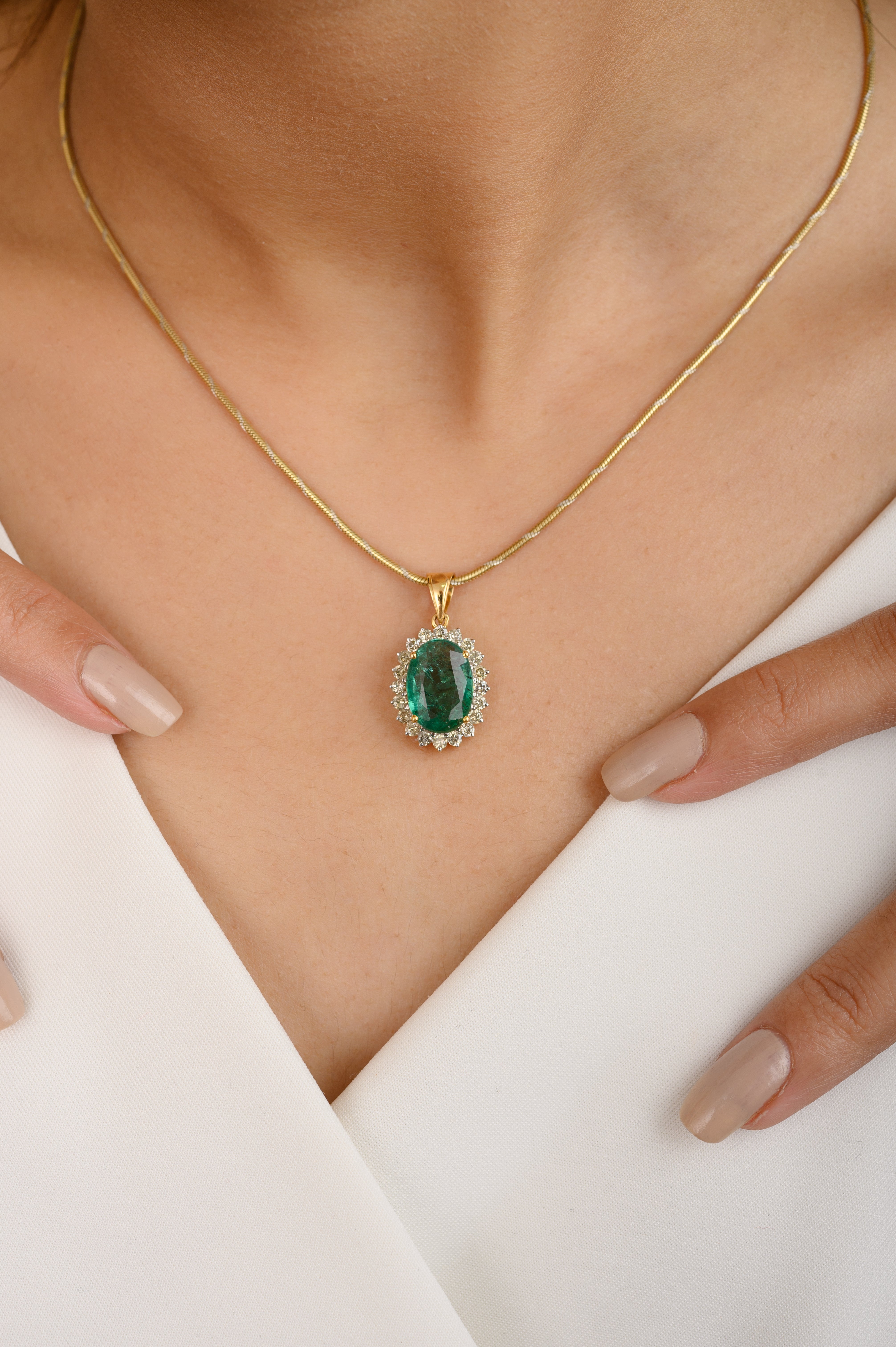 14K Gold Emerald Halo Diamond Pendant