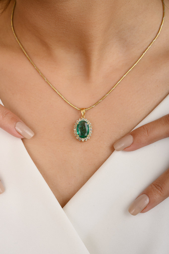 14K Gold Emerald Halo Diamond Pendant Image
