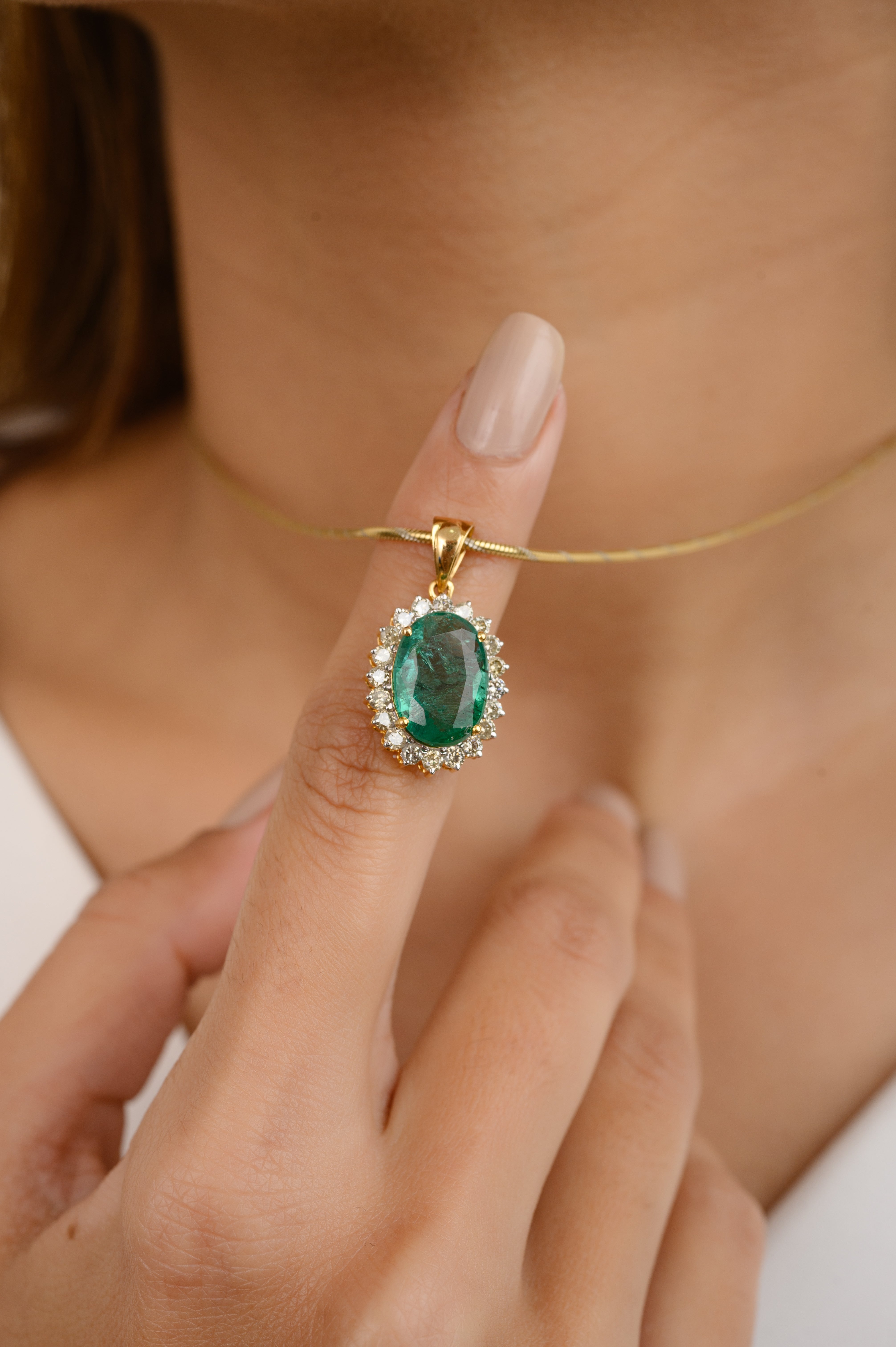 14K Gold Emerald Halo Diamond Pendant