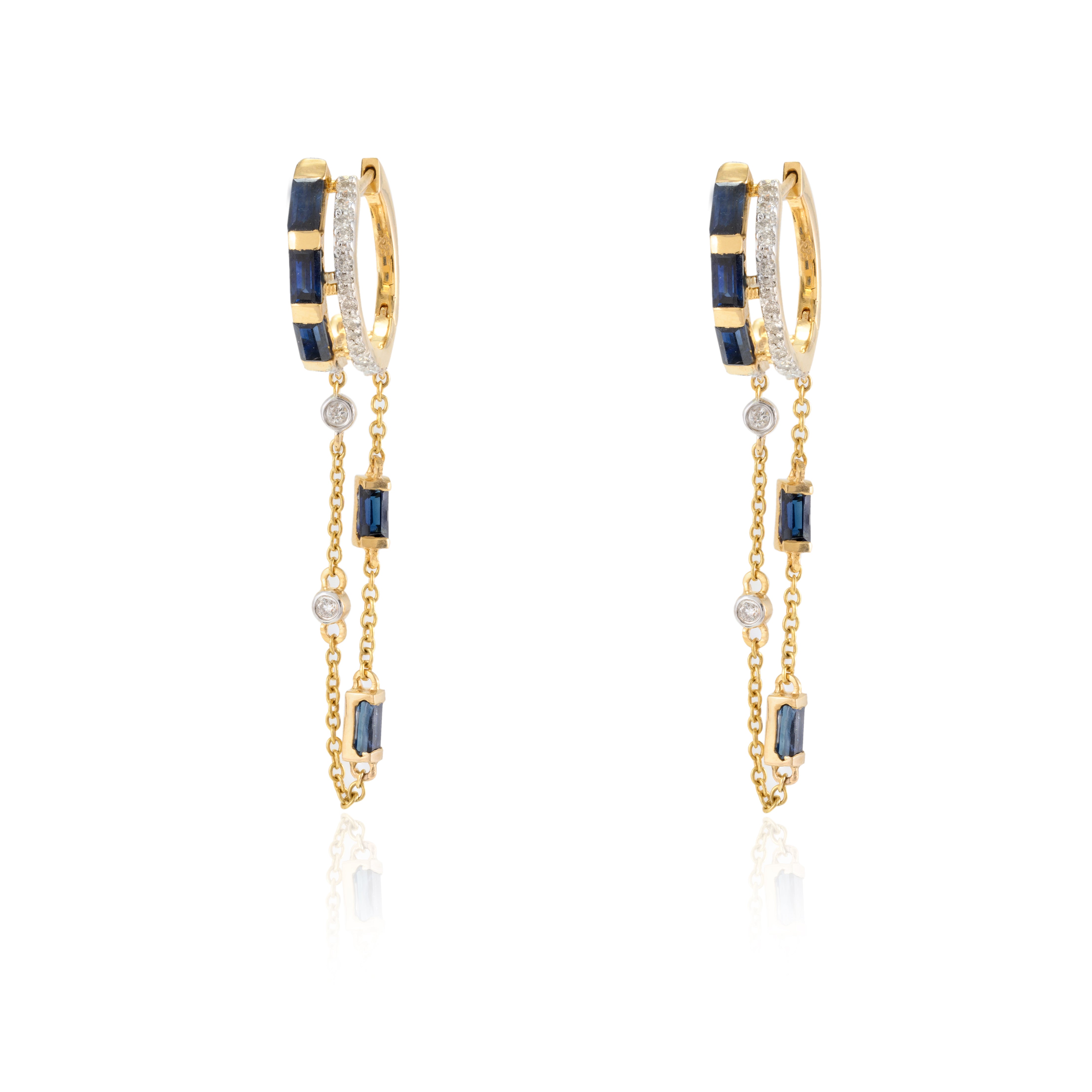 14K Gold Blue Sapphire Diamond Dangling Chain Earrings