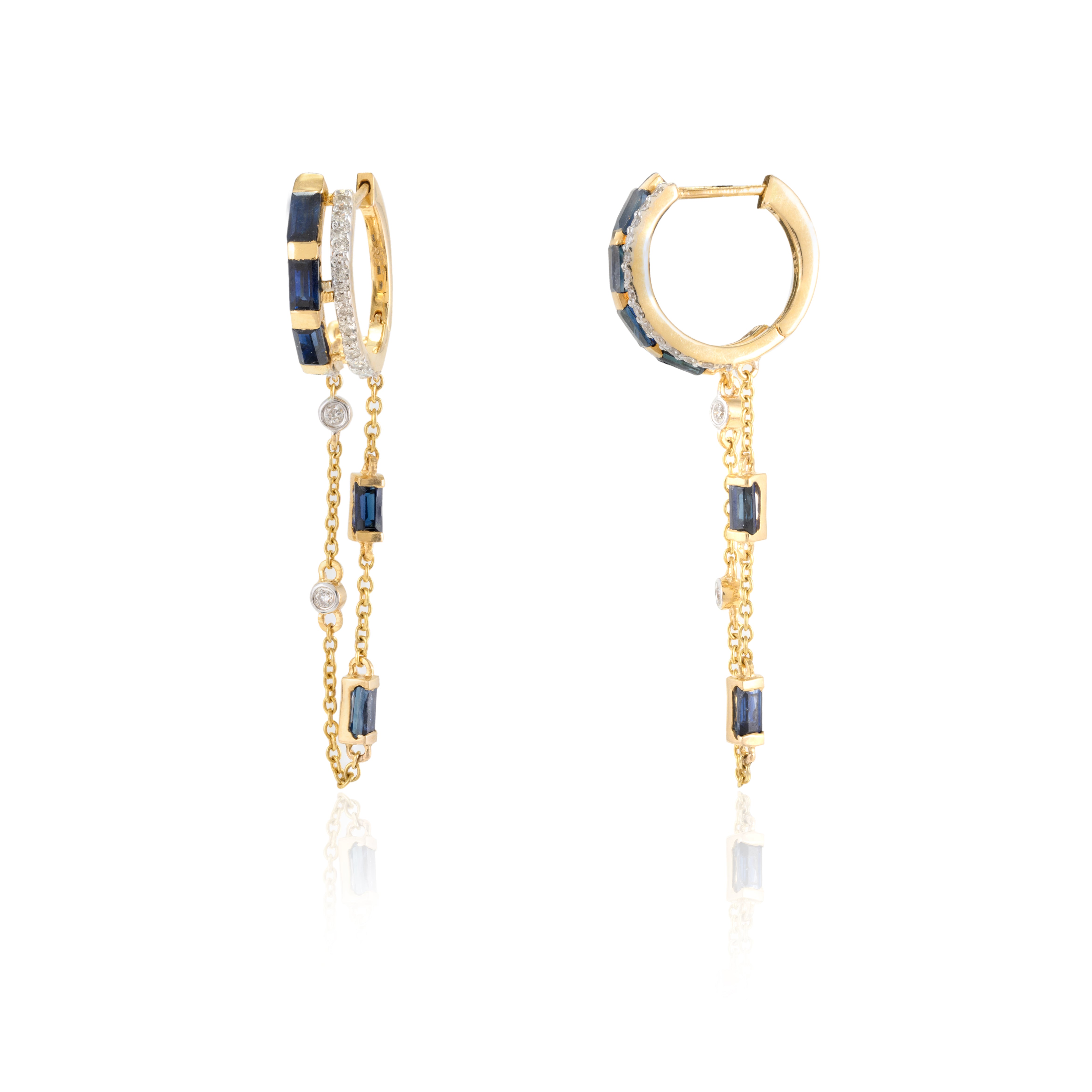 14K Gold Blue Sapphire Diamond Dangling Chain Earrings