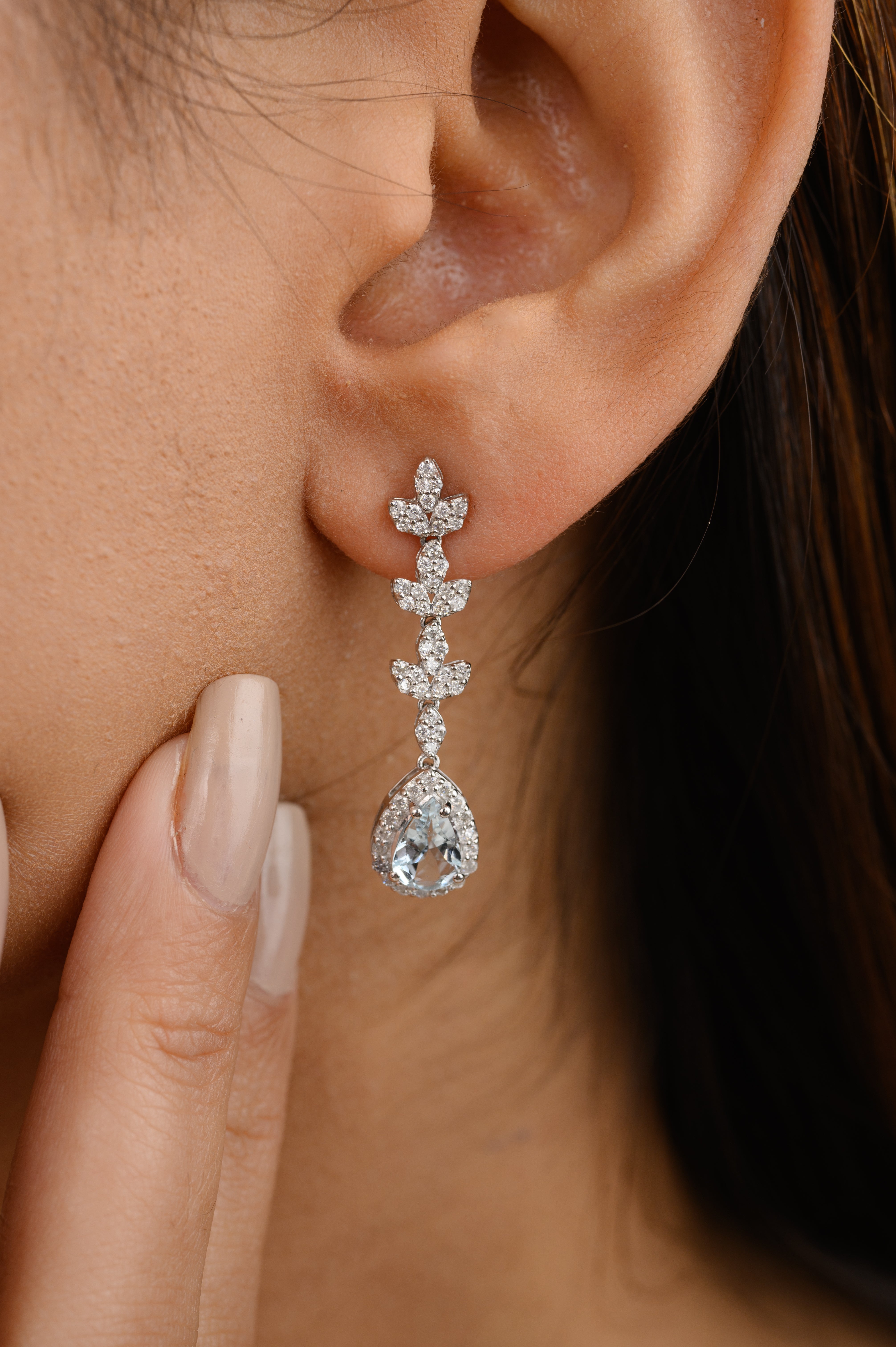 14K Gold Aquamarine Diamond Dangle Earrings