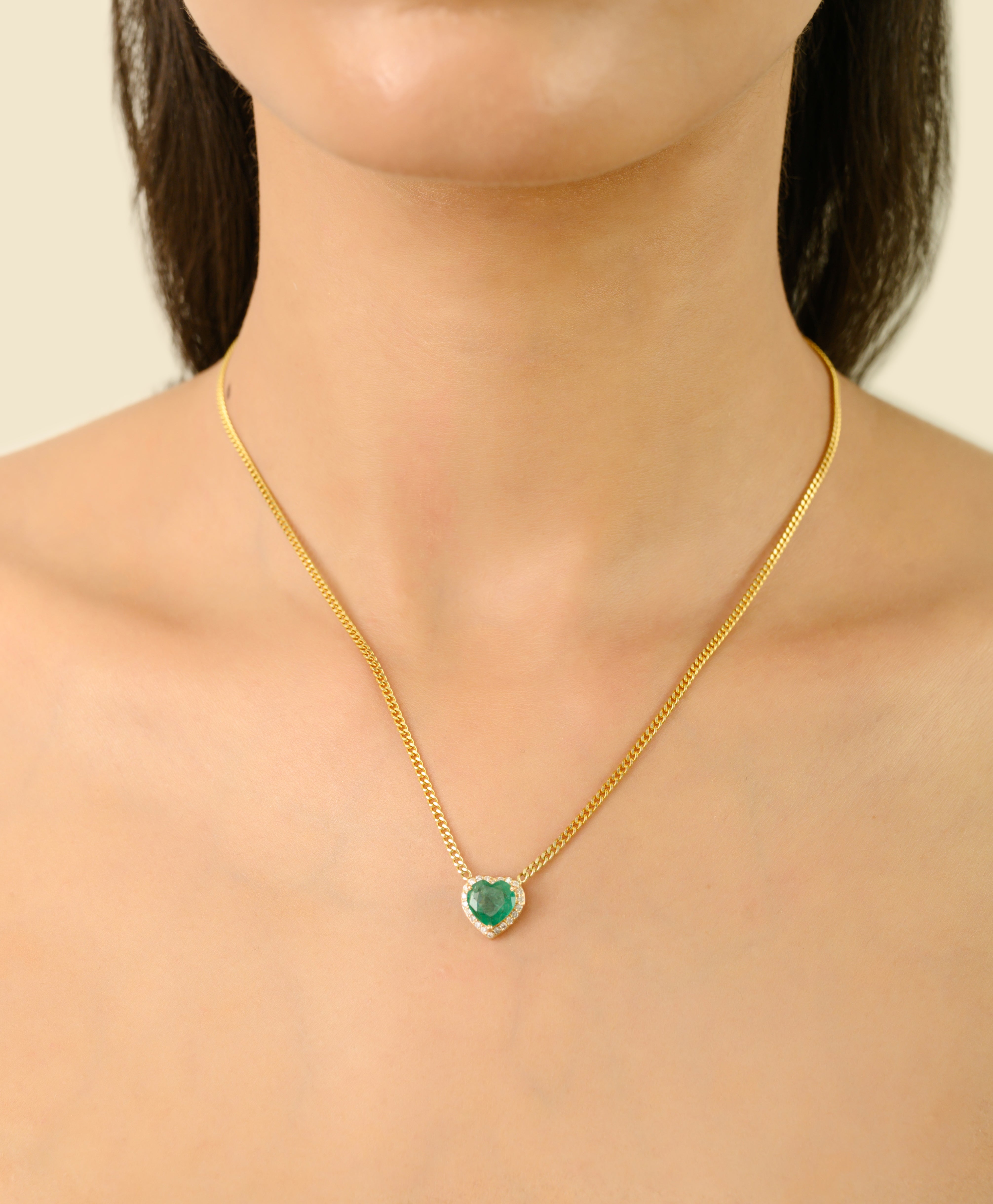 Mid Century 1.29ct Emerald Heart Necklace With Diamonds in 14k Gold
