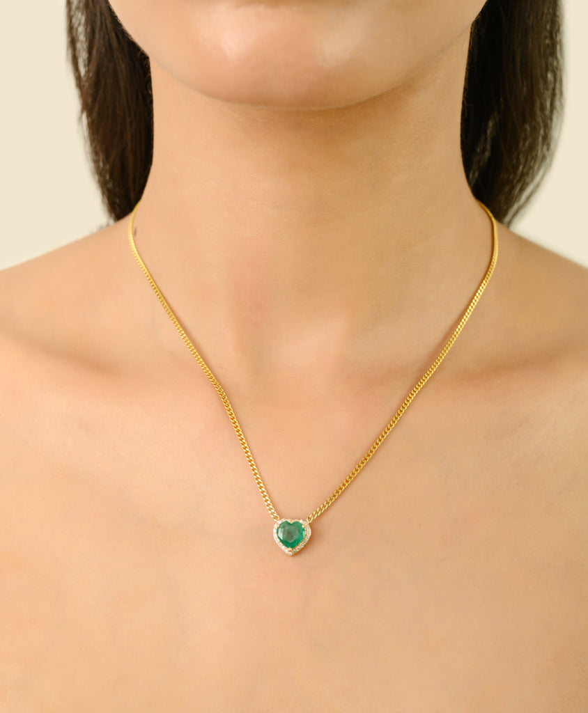 Mid Century 1.29ct Emerald Heart Necklace With Diamonds in 14k Gold Image