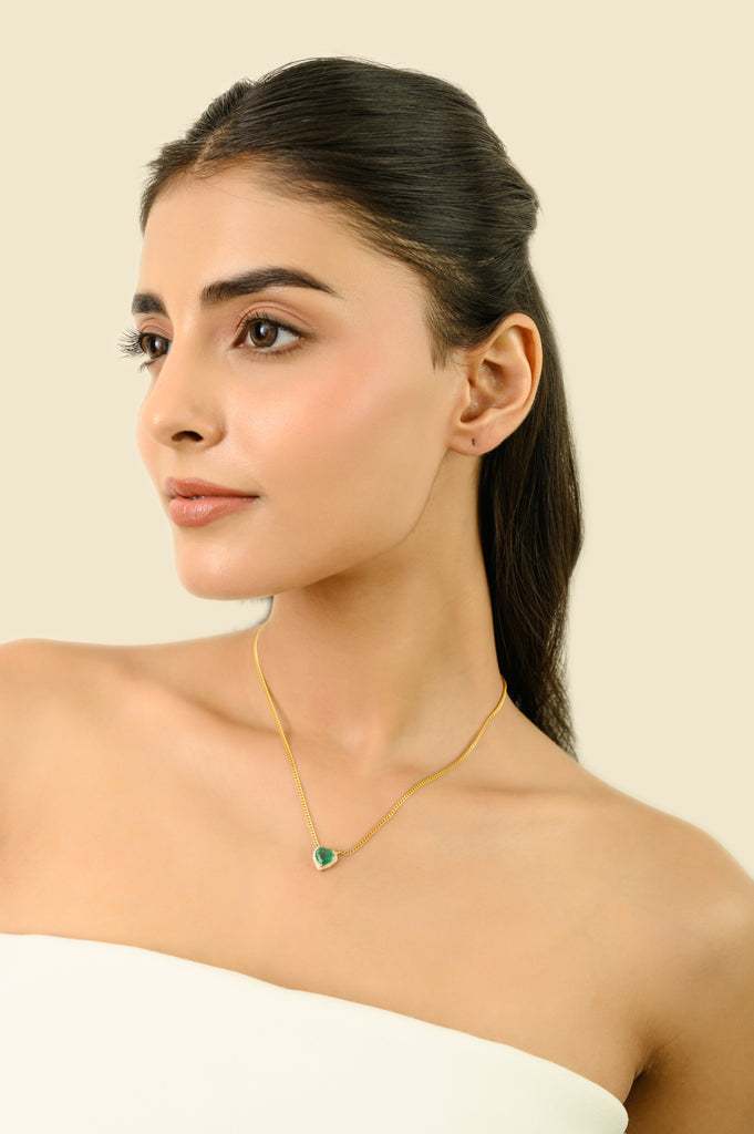 Mid Century 1.29ct Emerald Heart Necklace With Diamonds in 14k Gold Image
