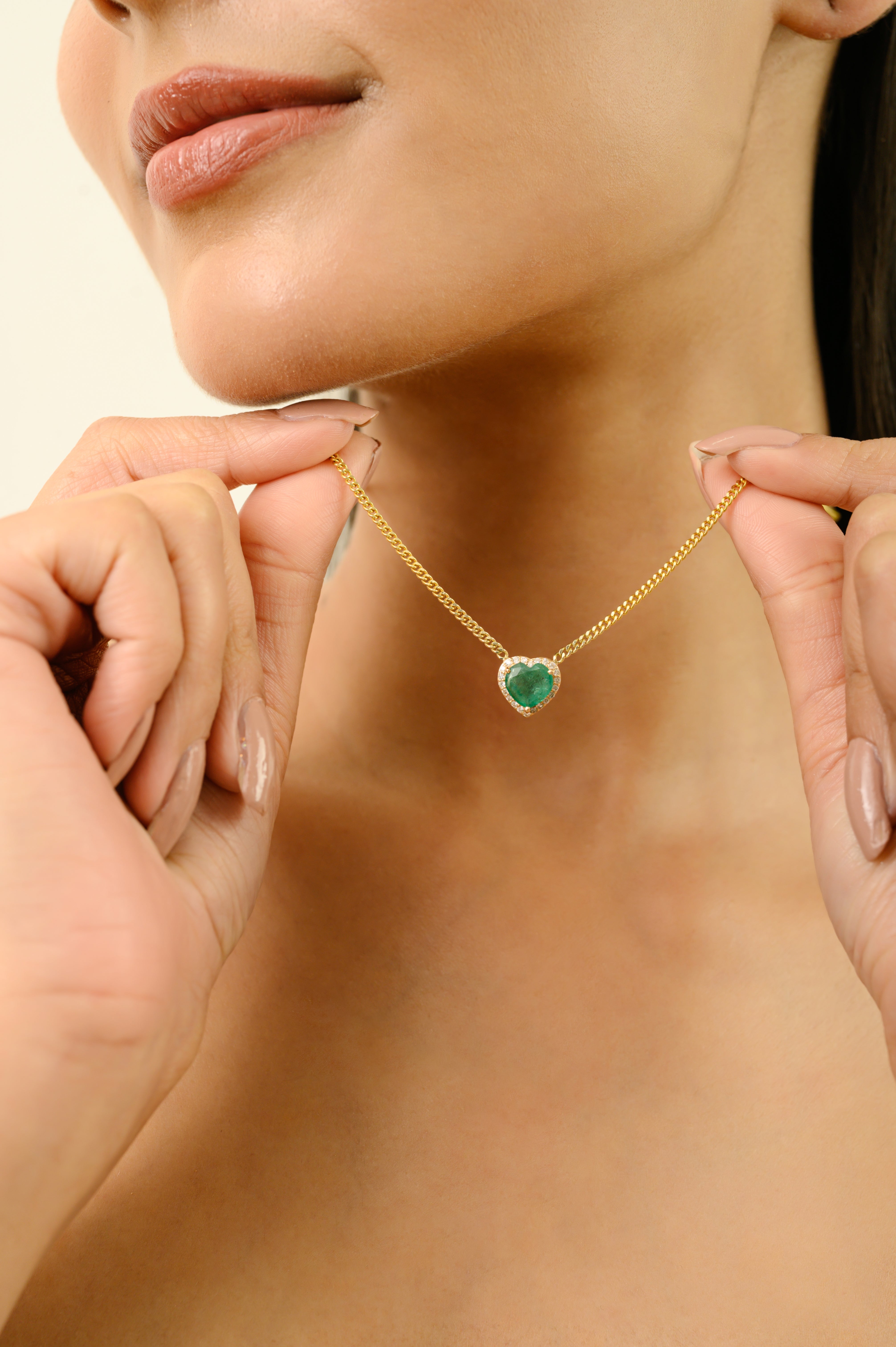 Mid Century 1.29ct Emerald Heart Necklace With Diamonds in 14k Gold