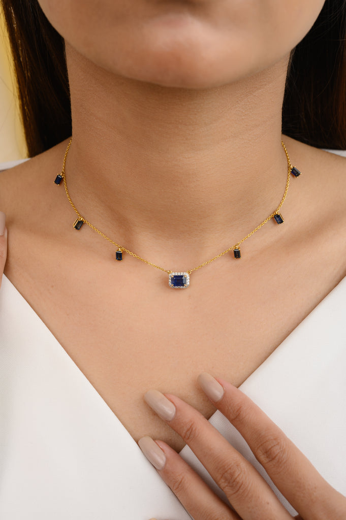 14K Gold Blue Sapphire Diamond Station Necklace Image