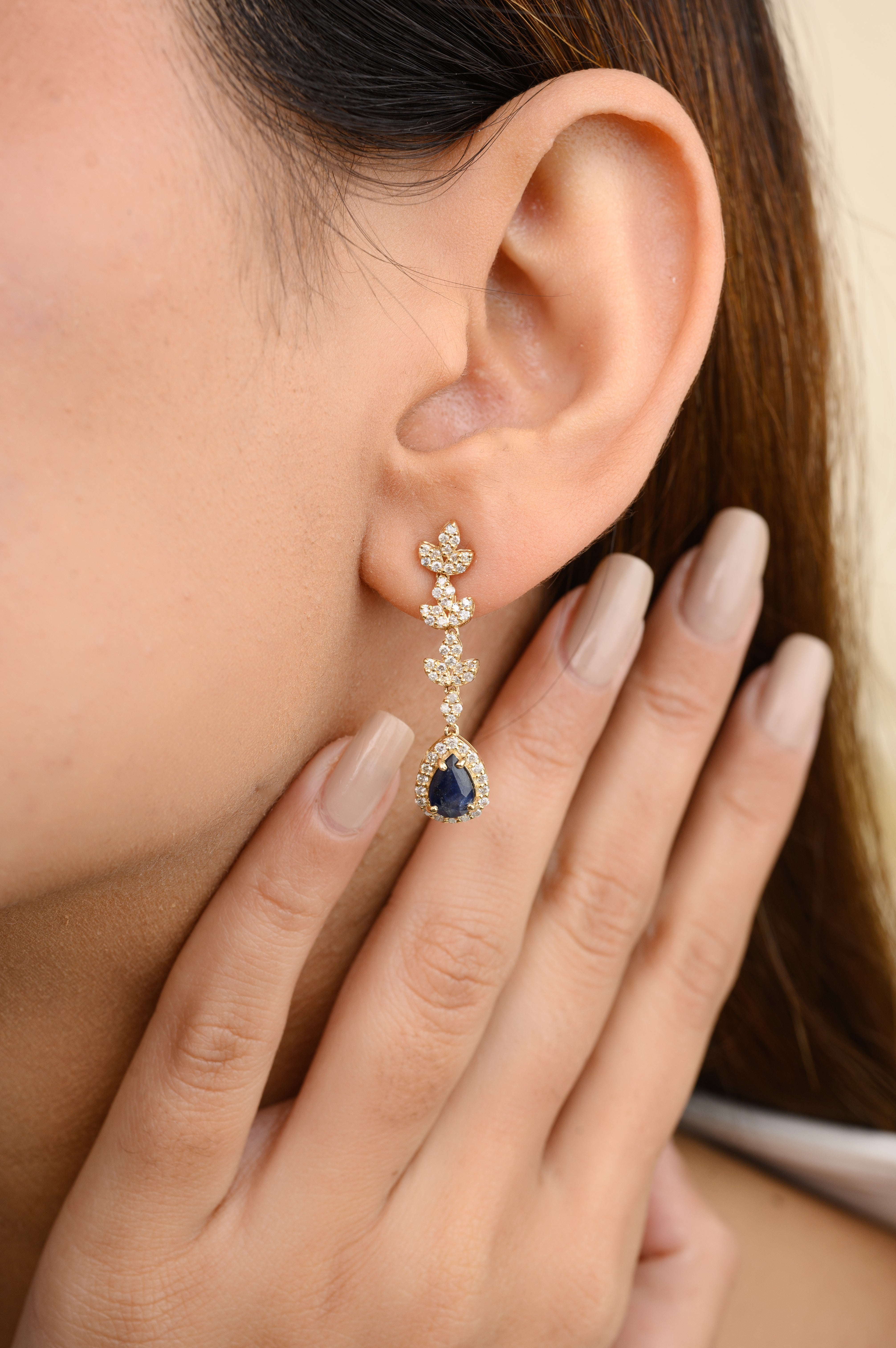 14K Gold Blue Sapphire Diamond Dangle Earrings