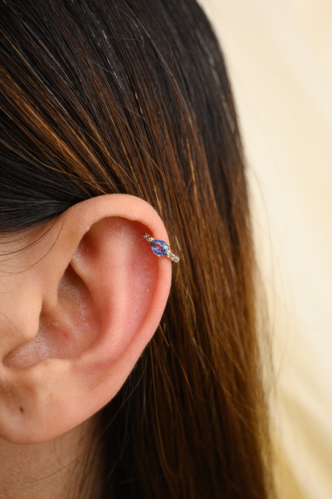 18K Blue Sapphire Diamond Helix Cuff Earrings Image