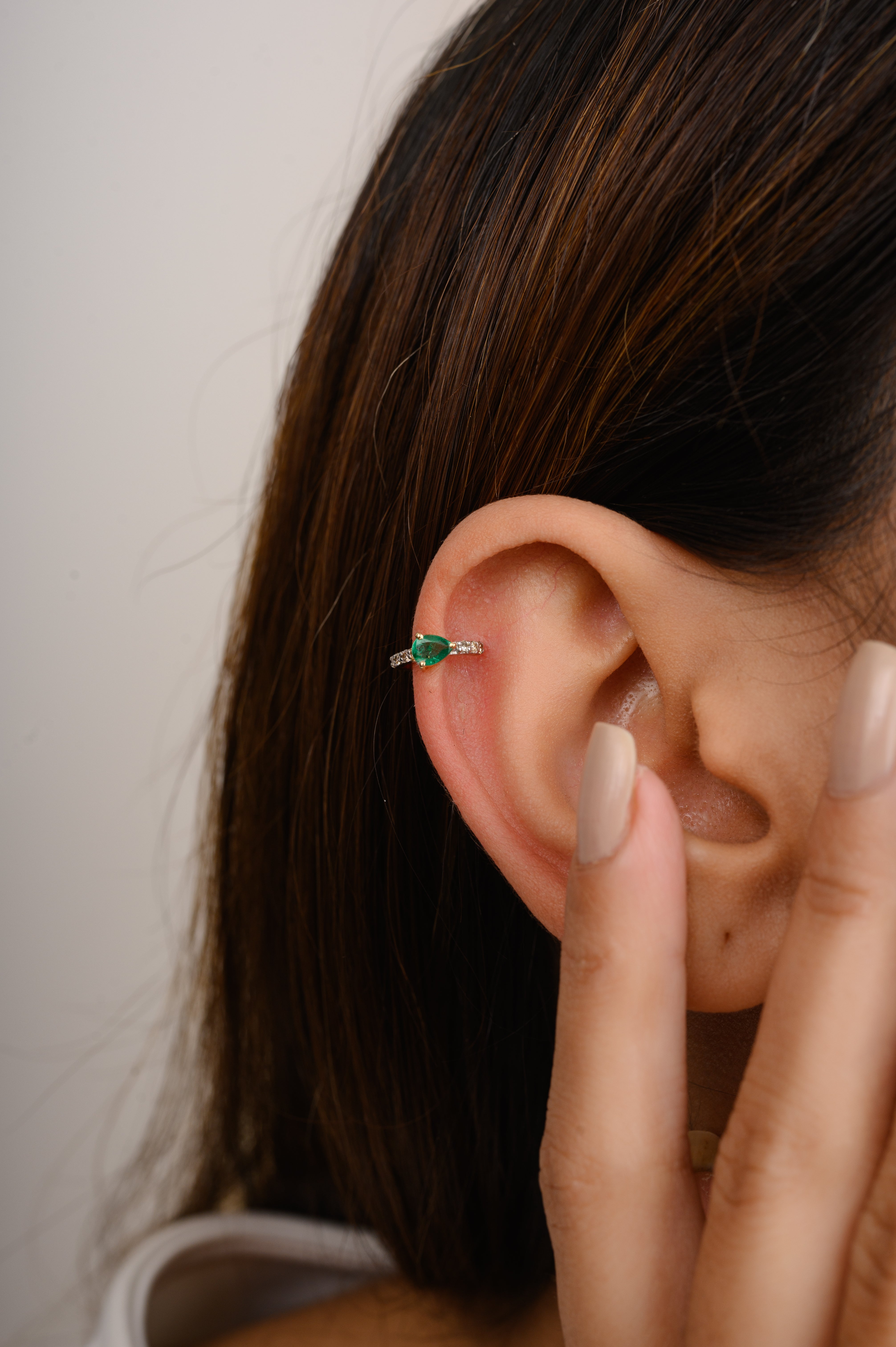 18K Gold Emerald Diamond Helix Cuff Earrings