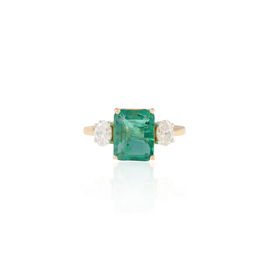 18K Gold Emerald Diamond Three Stone Ring Image