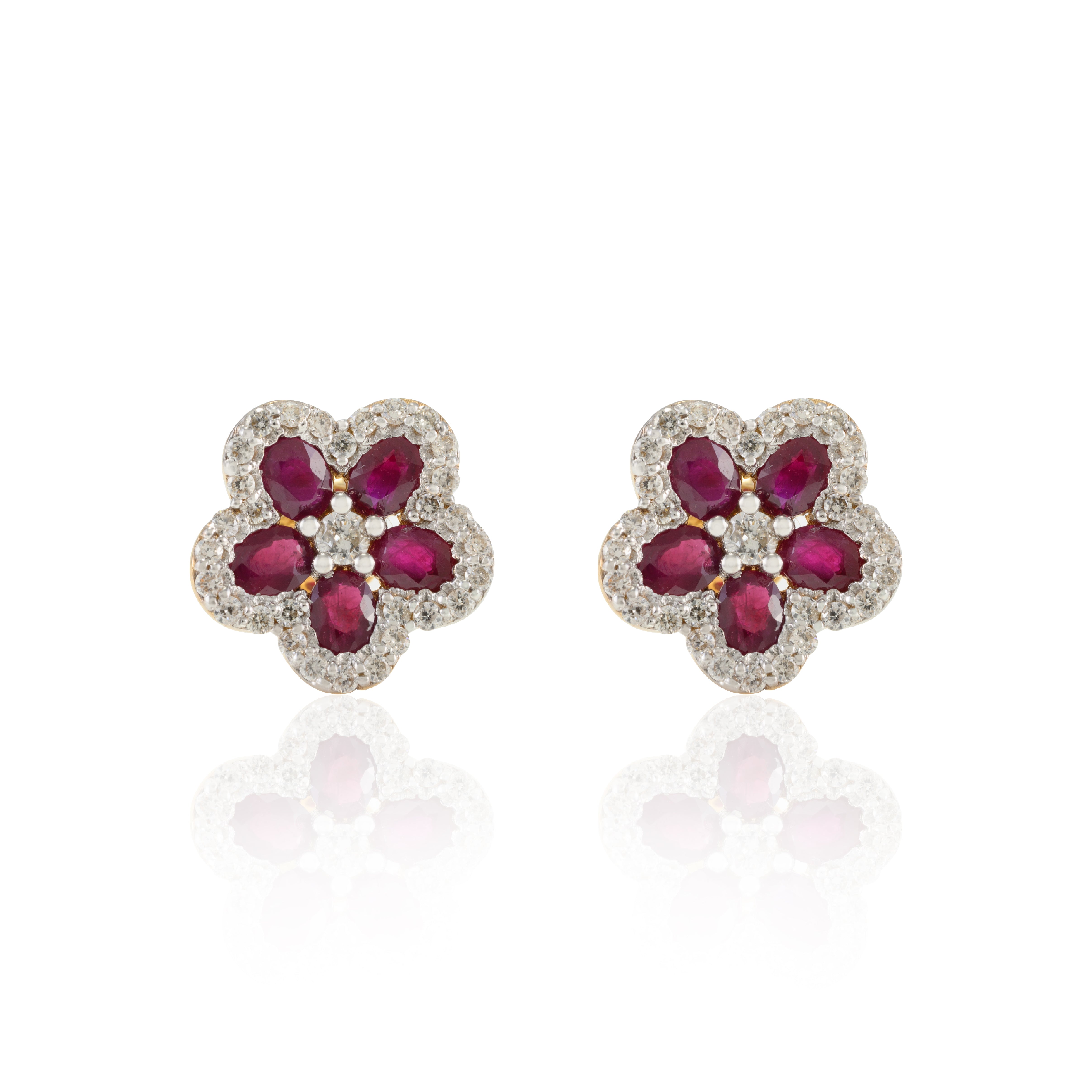 18K Gold Ruby Cherry Blossom Flower Earrings