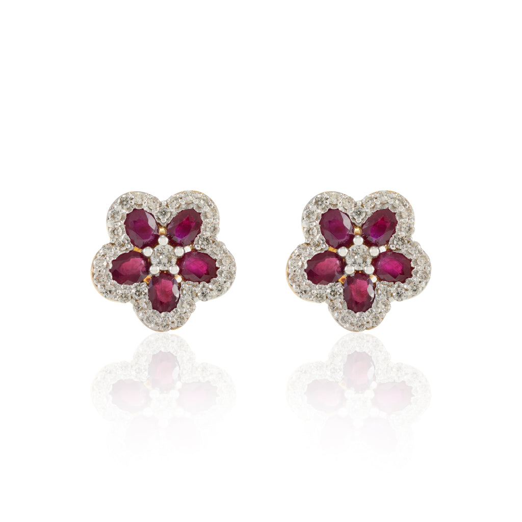 18K Gold Ruby Cherry Blossom Flower Earrings Image