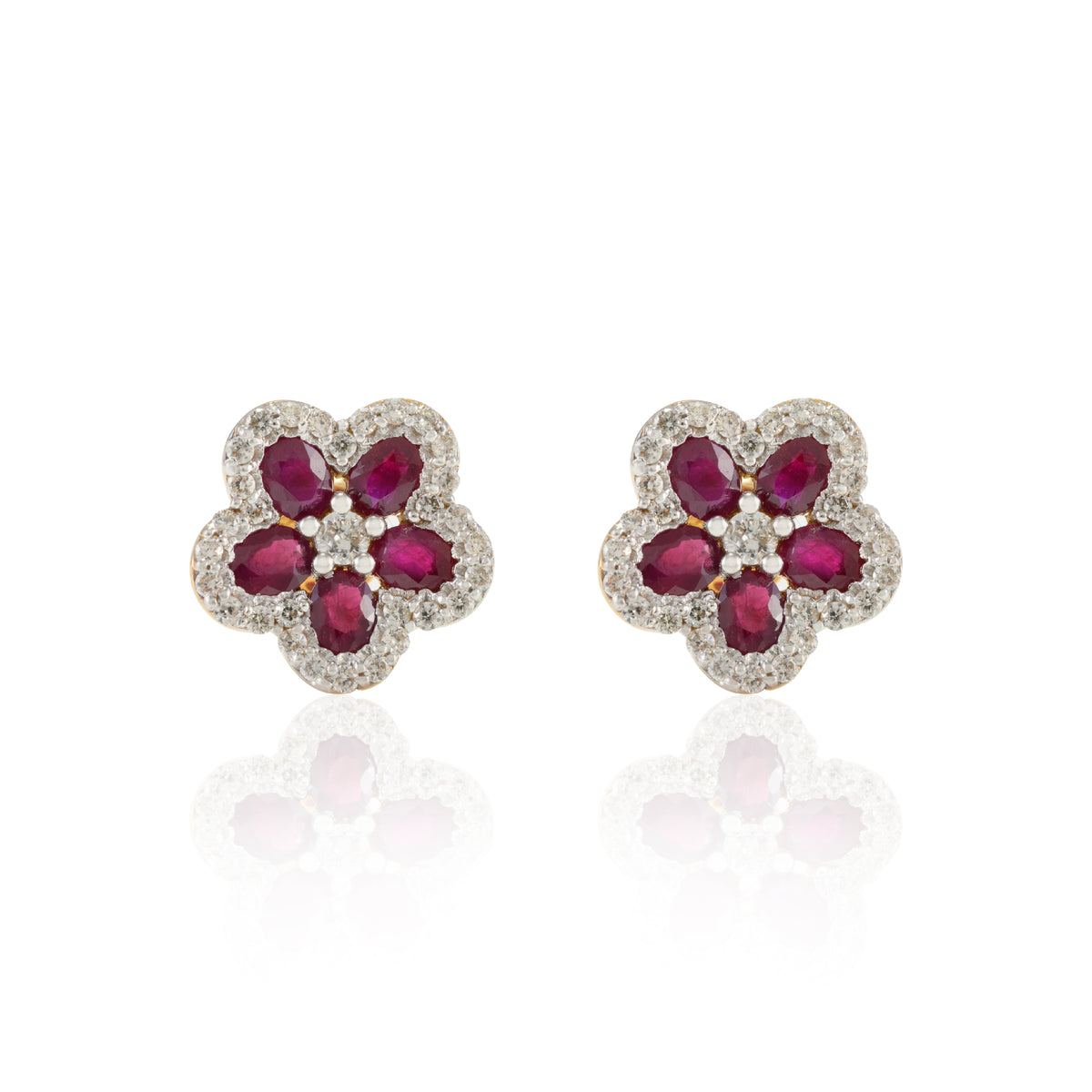 18K Gold Ruby Cherry Blossom Flower Earrings