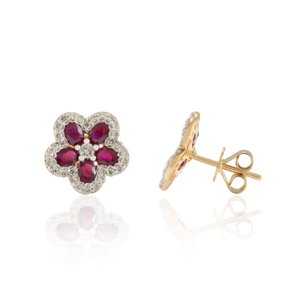 18K Gold Ruby Cherry Blossom Flower Earrings Image