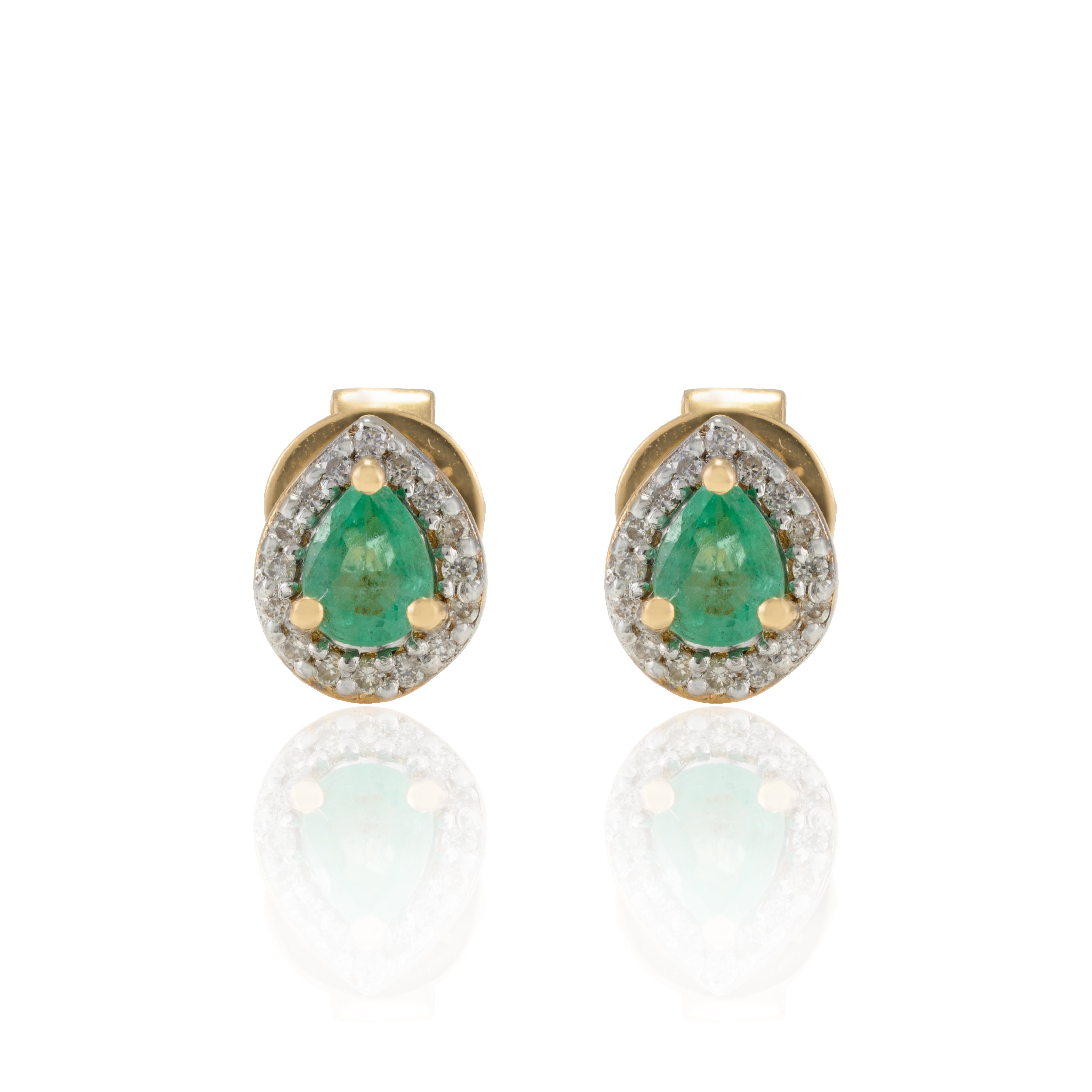 18K Gold Pear Cut Emerald Halo Stud Earrings