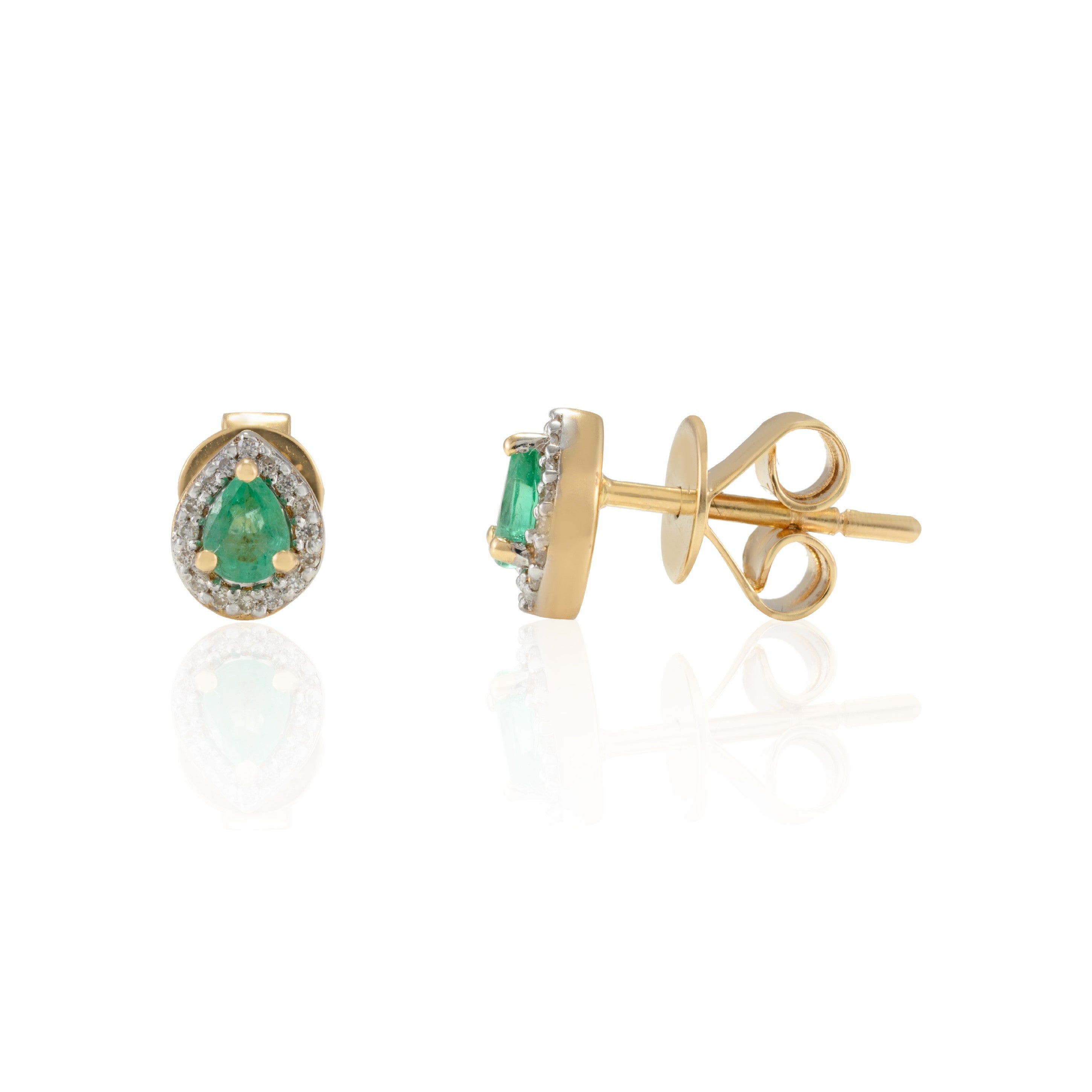 18K Gold Pear Cut Emerald Halo Stud Earrings