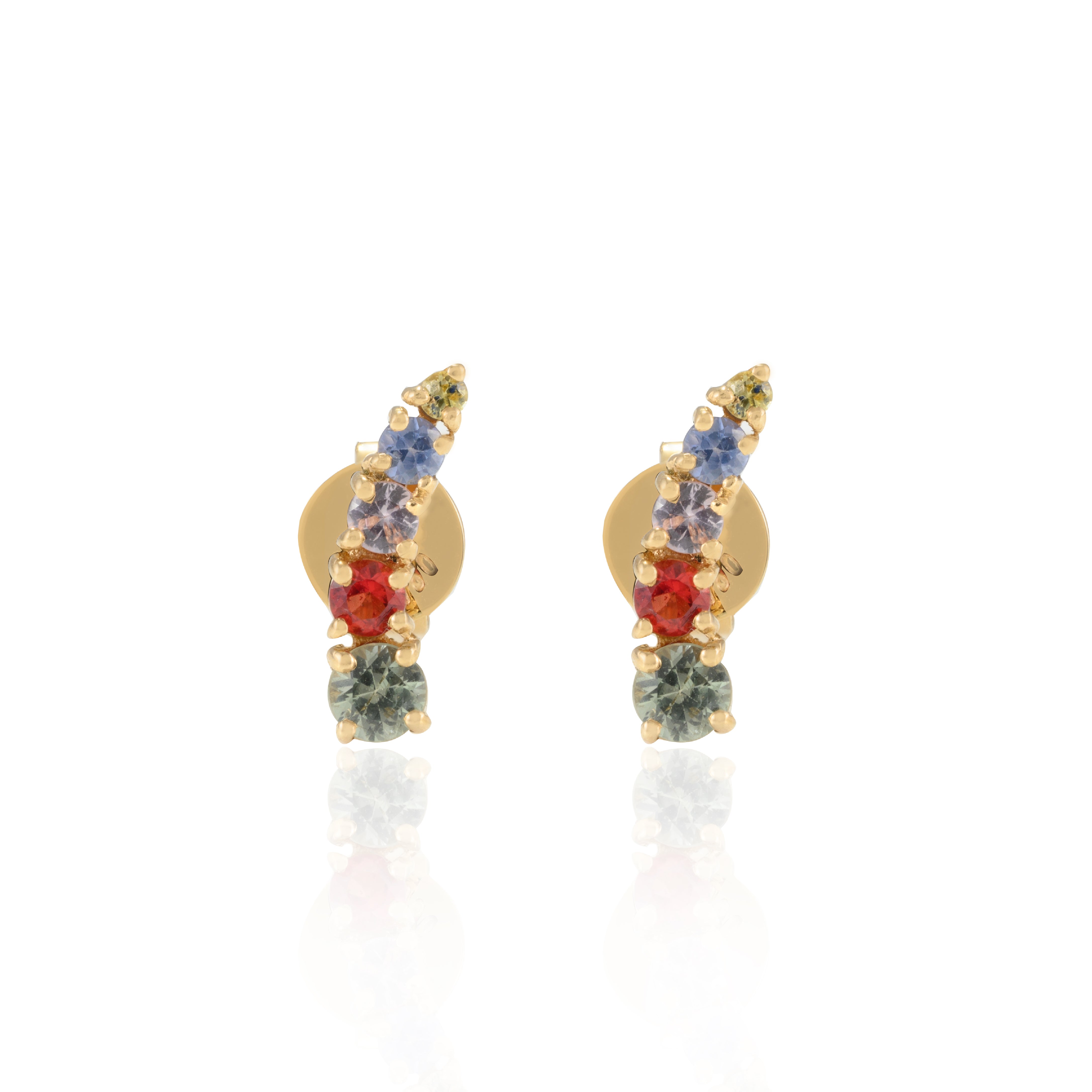 18K Gold Multi Gemstone Dainty Climber Stud Earrings