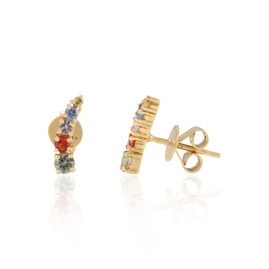 18K Gold Multi Gemstone Dainty Climber Stud Earrings Image