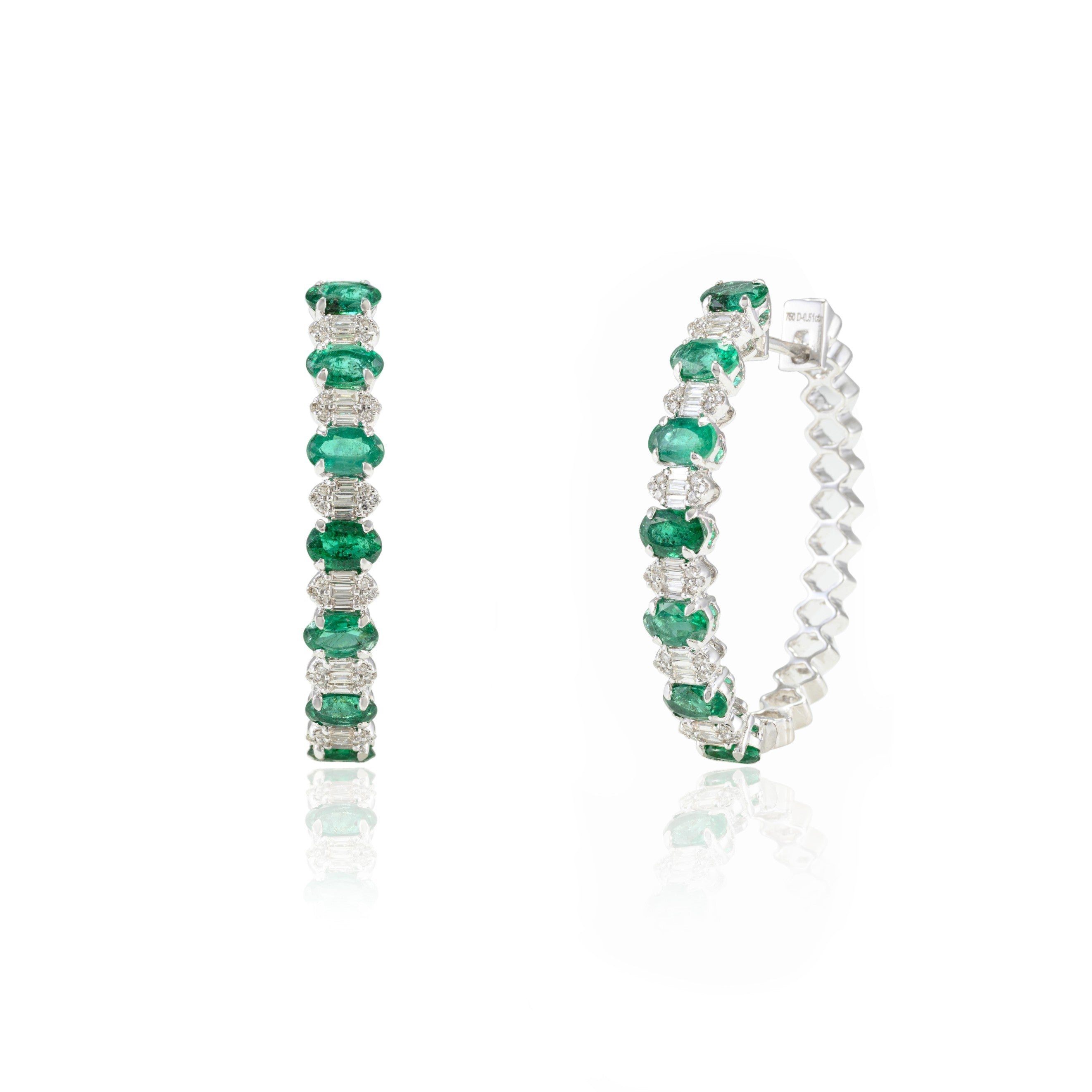 18K Gold Emerald & Diamond Designer Hoops