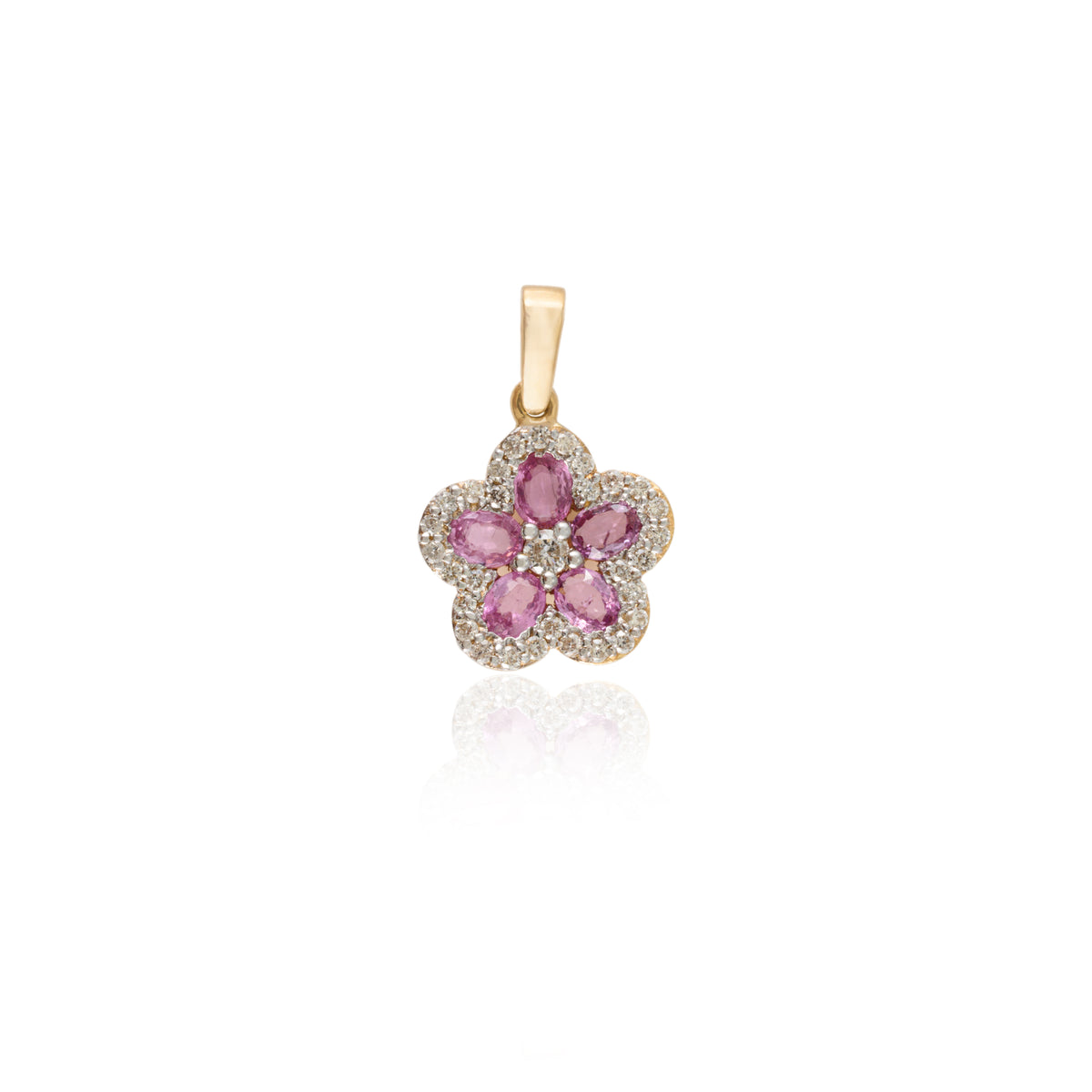 18K Gold Pink Sapphire Cherry Blossom Flower Pendant