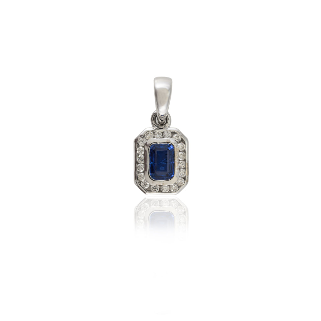 14K Gold Blue Sapphire Halo Diamond Pendant Image