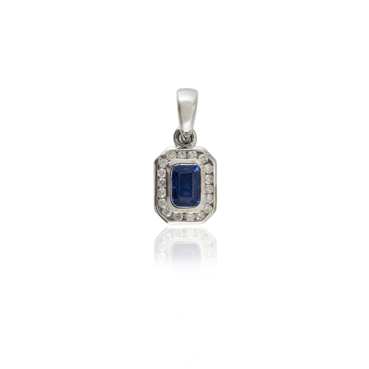 14K Gold Blue Sapphire Halo Diamond Pendant