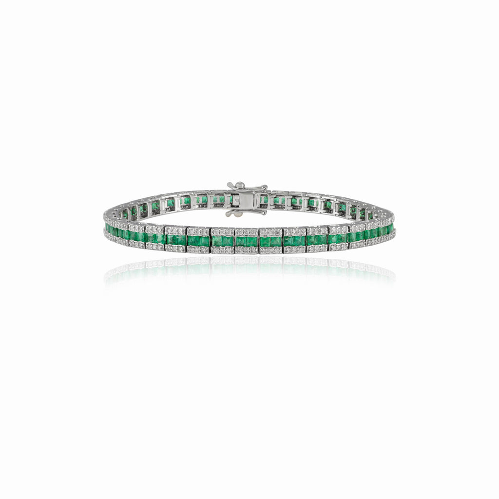 18K Gold Certified Emerald Diamond Tennis Bracelet Image