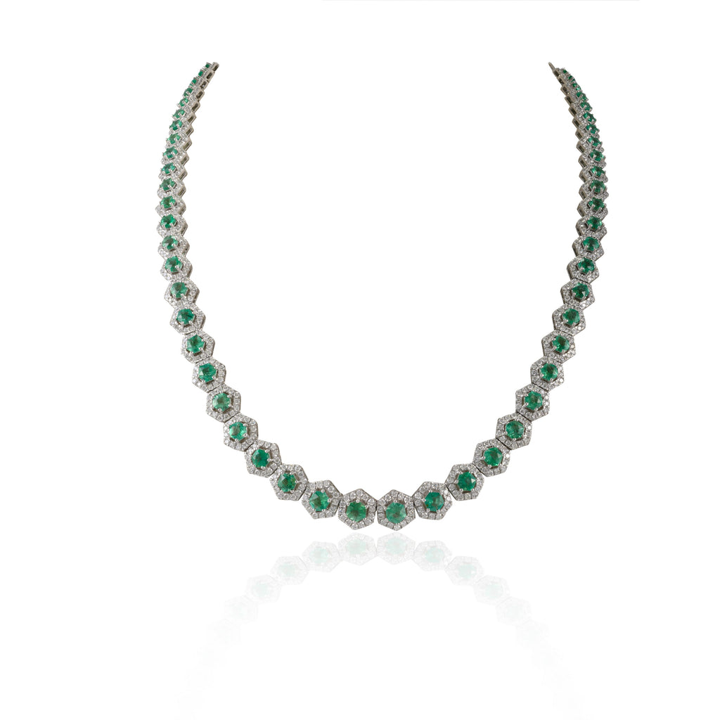 18K Gold Round Emerald & Diamond Choker Necklace Image