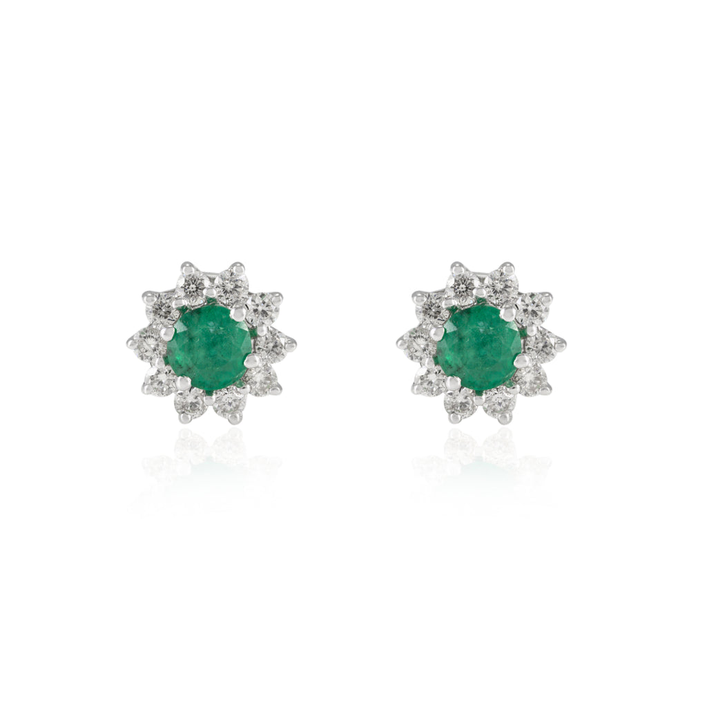 18K Gold Halo Diamond Emerald Stud Earrings Image