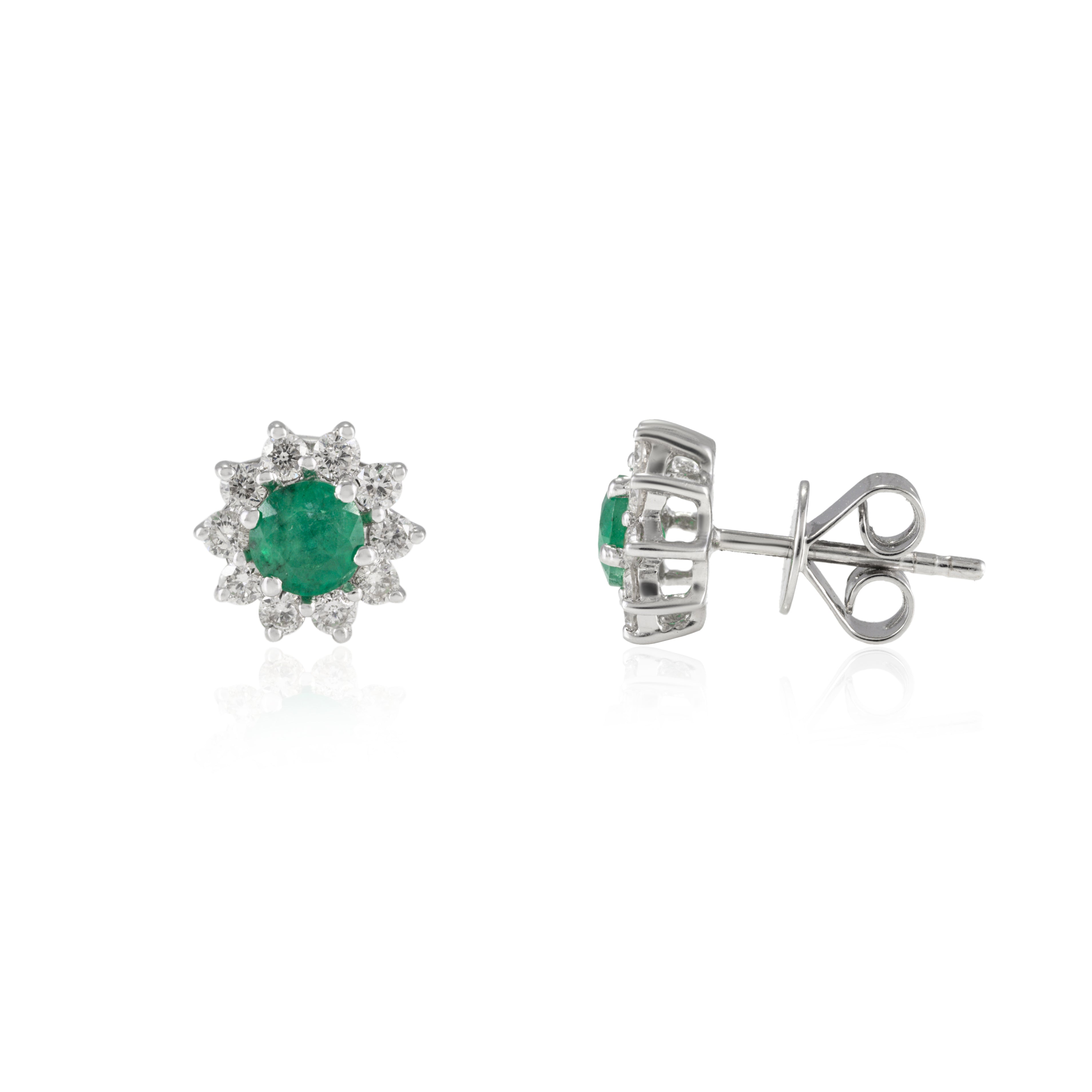 18K Gold Halo Diamond Emerald Stud Earrings