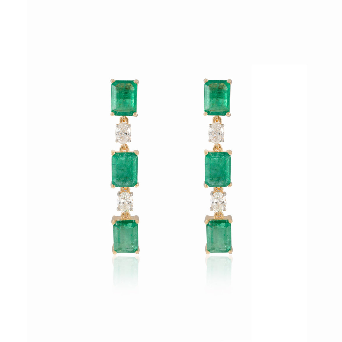 18K Gold Octagon Cut Emerald Diamond Drop Earrings