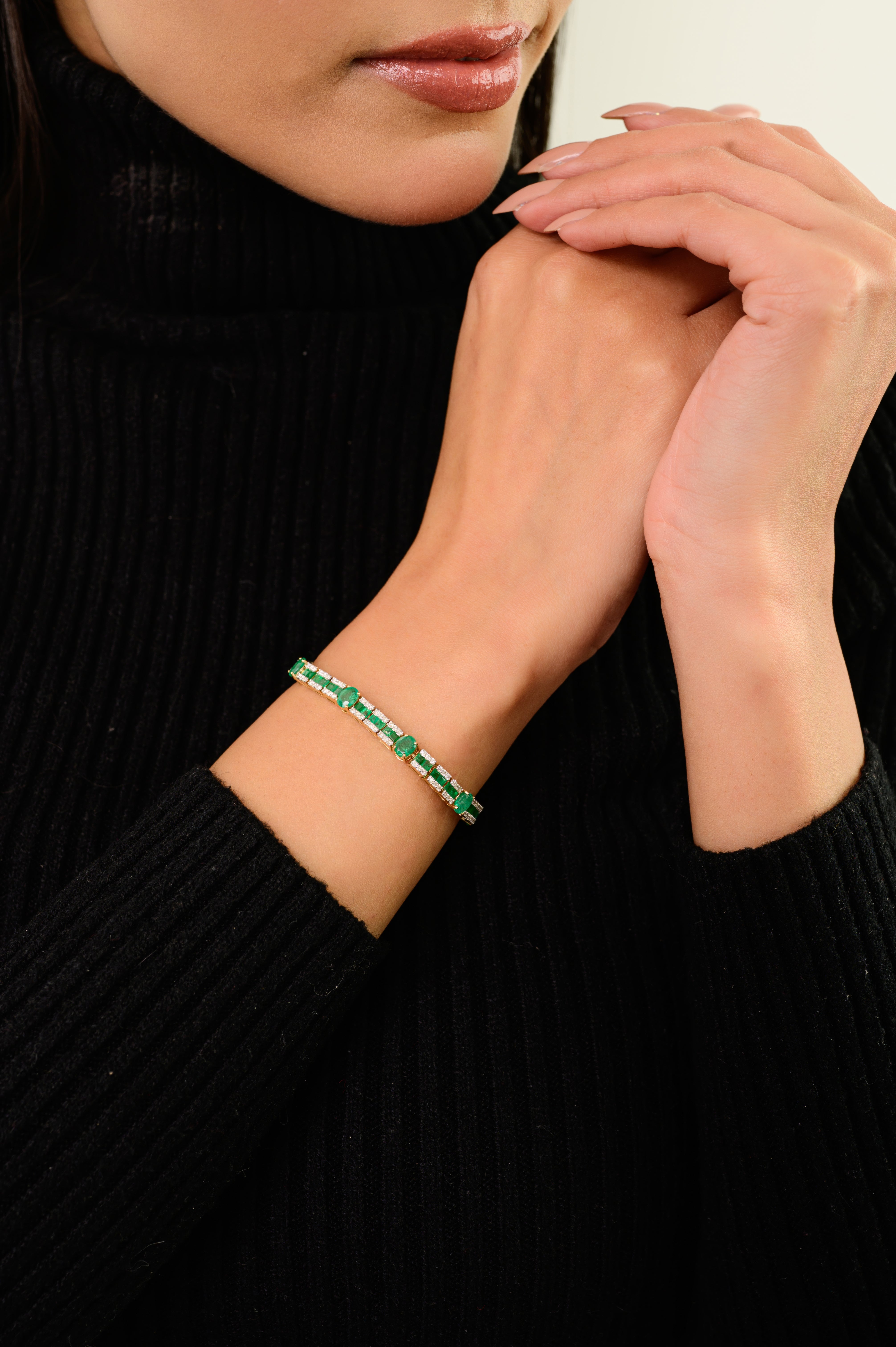 5.75 CTW Forest Green Emerald and Diamond Tennis Bracelet in 14k Gold