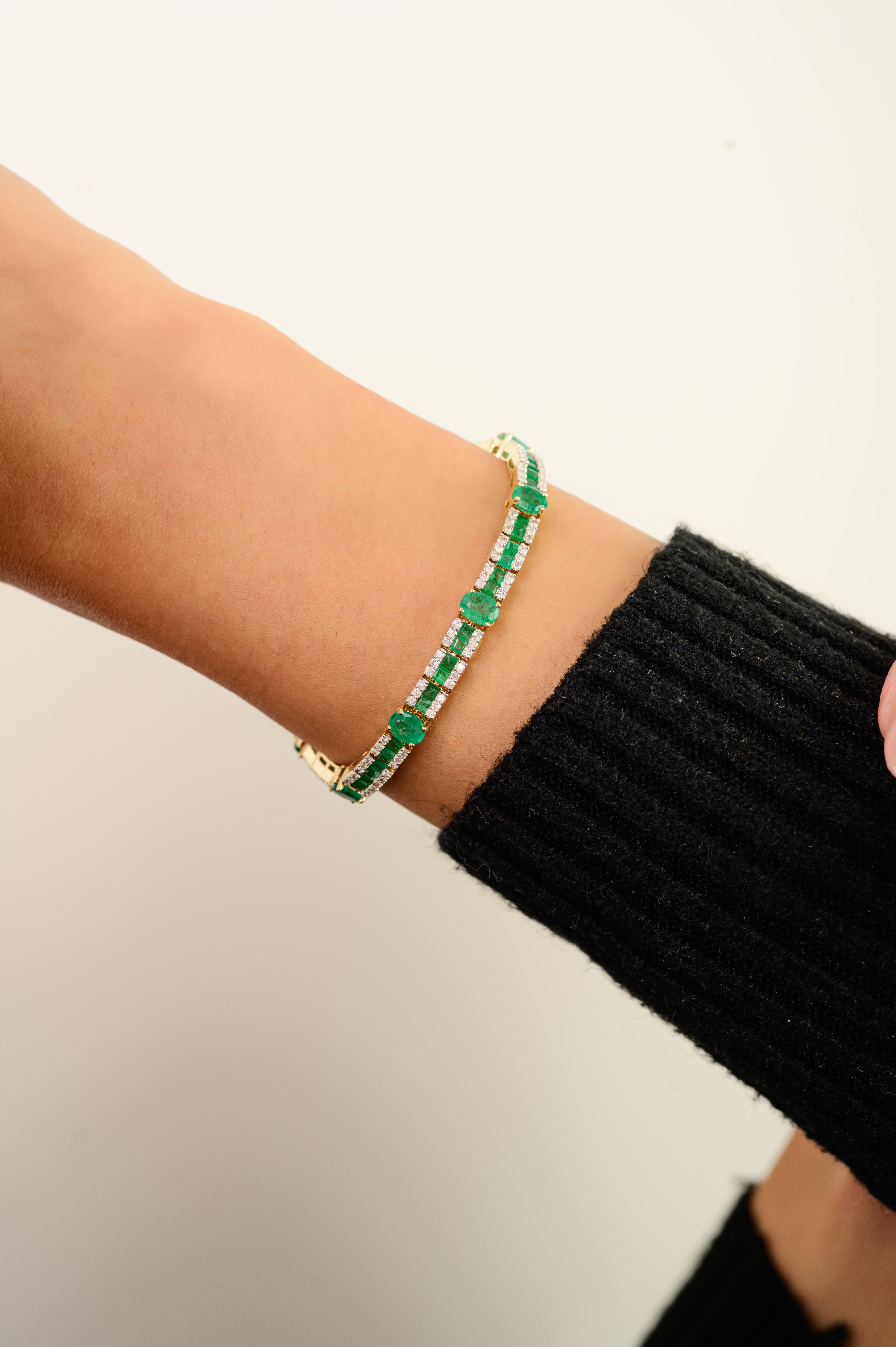 5.75 CTW Forest Green Emerald and Diamond Tennis Bracelet in 14k Gold