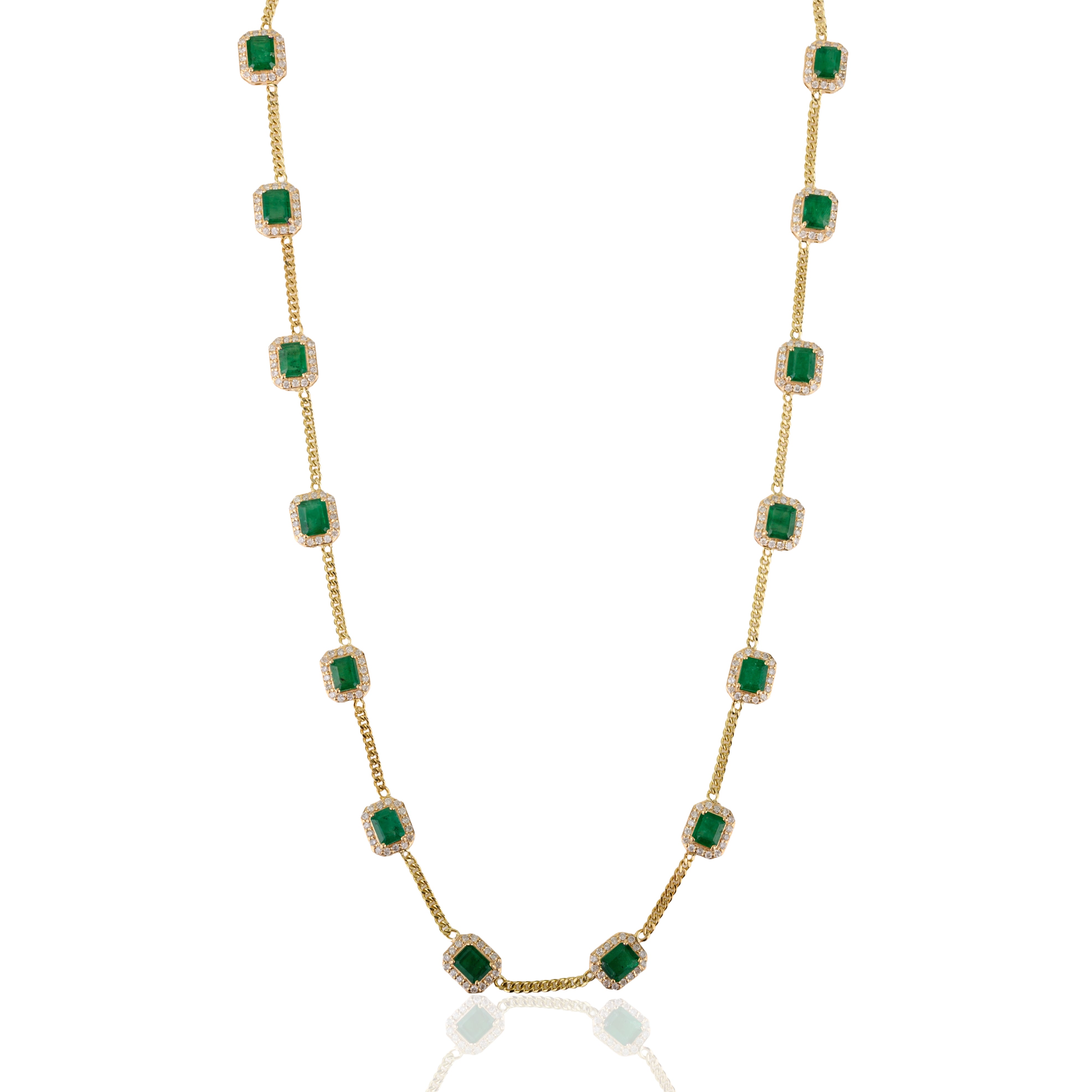 14K Gold Octagon 6.2 Ct Emerald & Diamond Halo Vintage Necklace