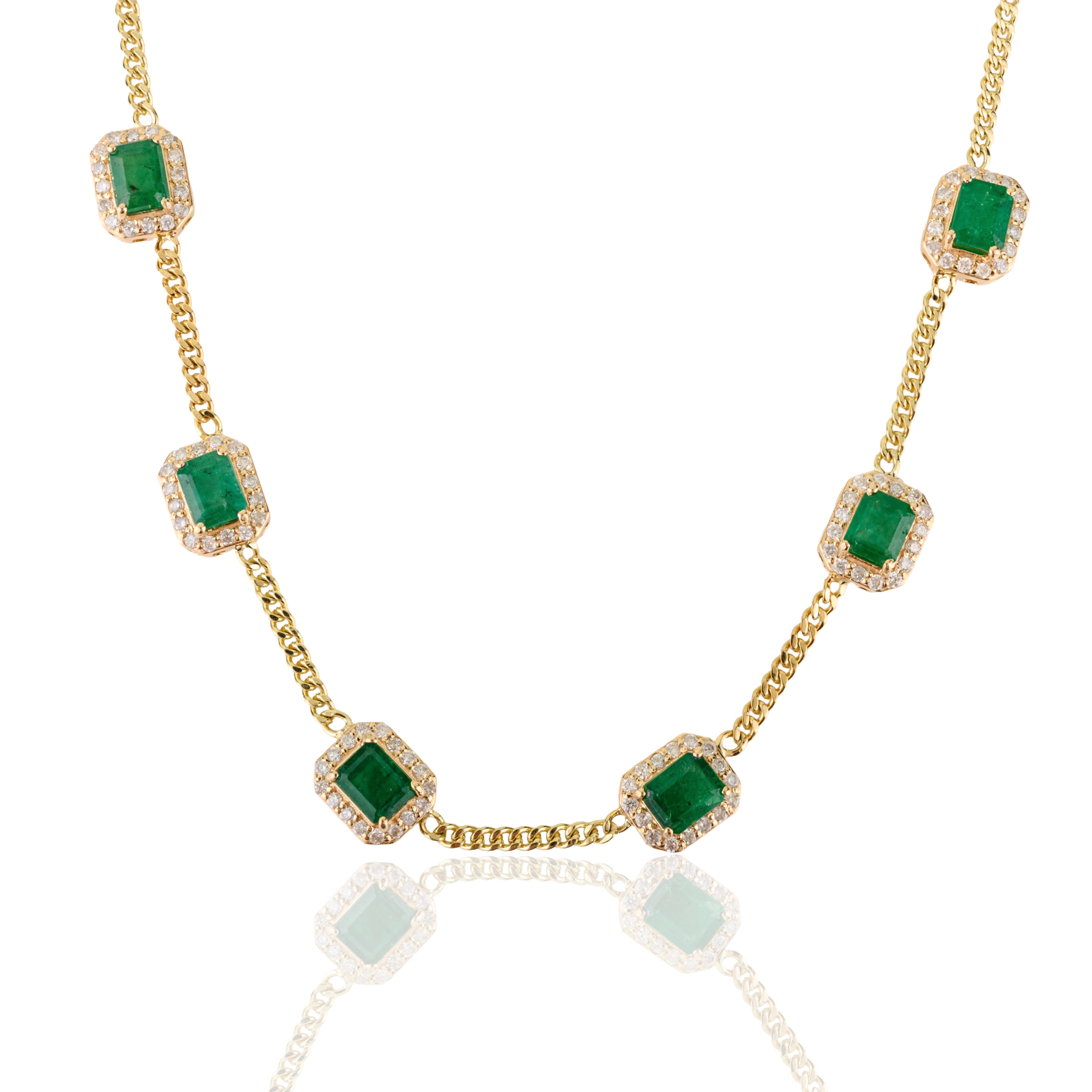 14K Gold Octagon 6.2 Ct Emerald & Diamond Halo Vintage Necklace