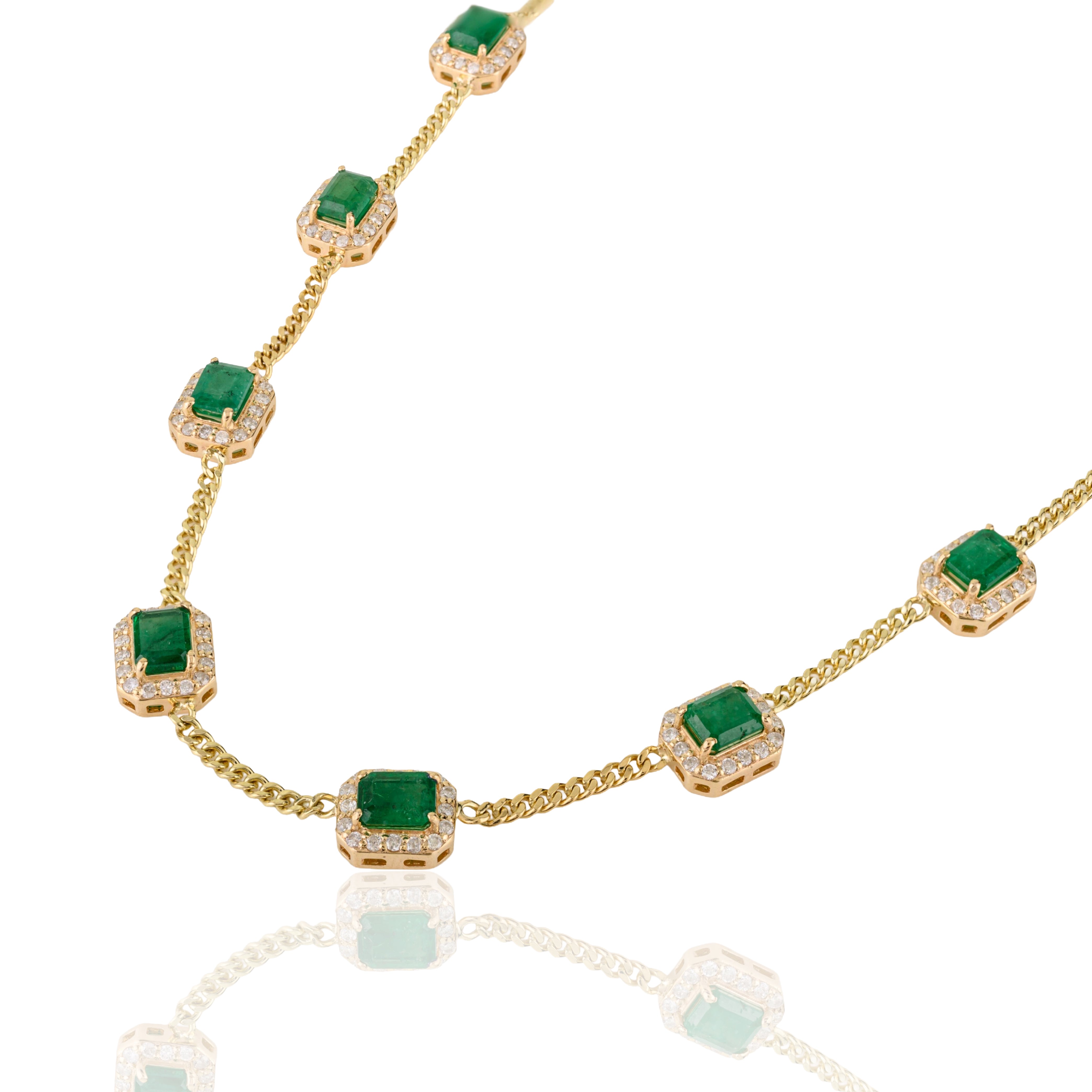 14K Gold Octagon 6.2 Ct Emerald & Diamond Halo Vintage Necklace