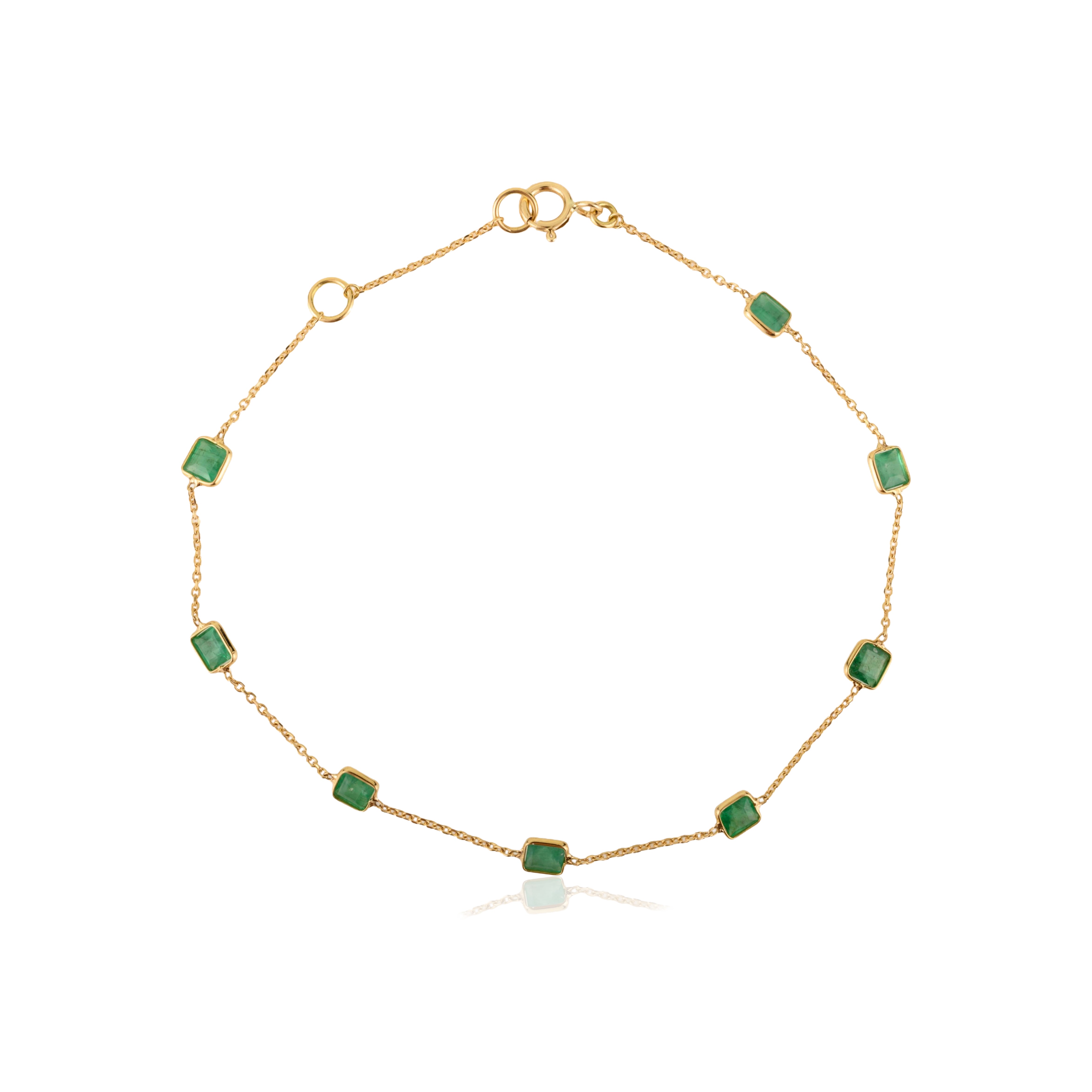 18K Gold Modern Emerald Station Chain Bracelet For Her