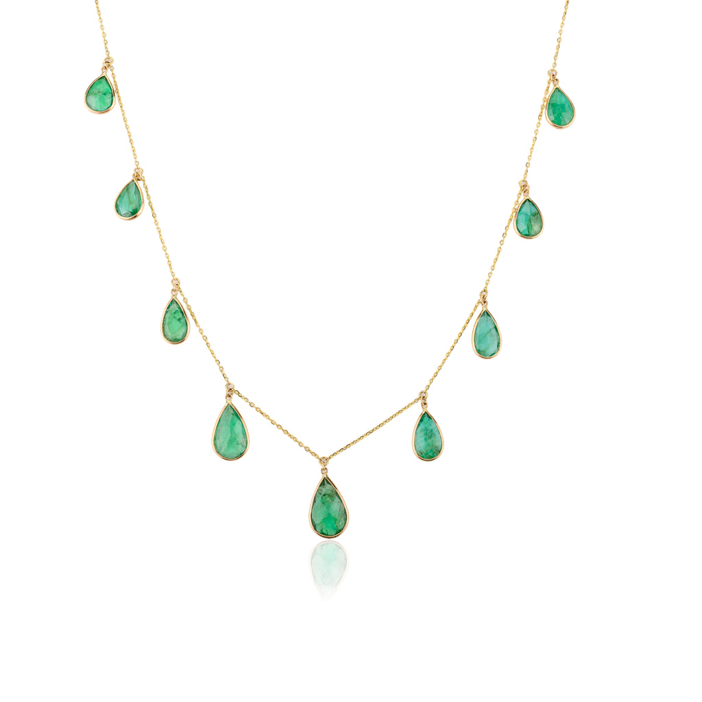 18K Solid Yellow Gold Emerald Teardrop Chain Necklace Image