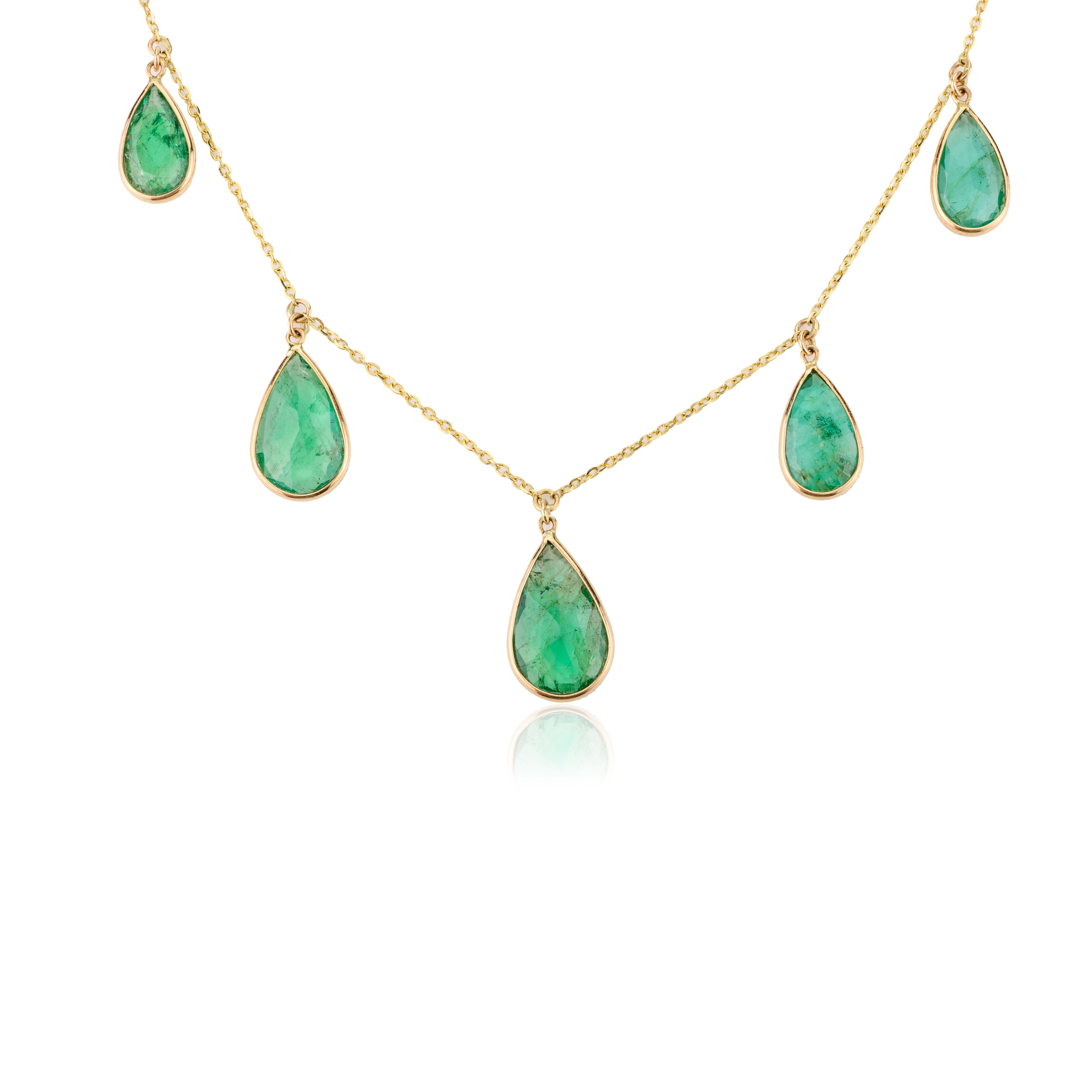 18K Solid Yellow Gold Emerald Teardrop Chain Necklace