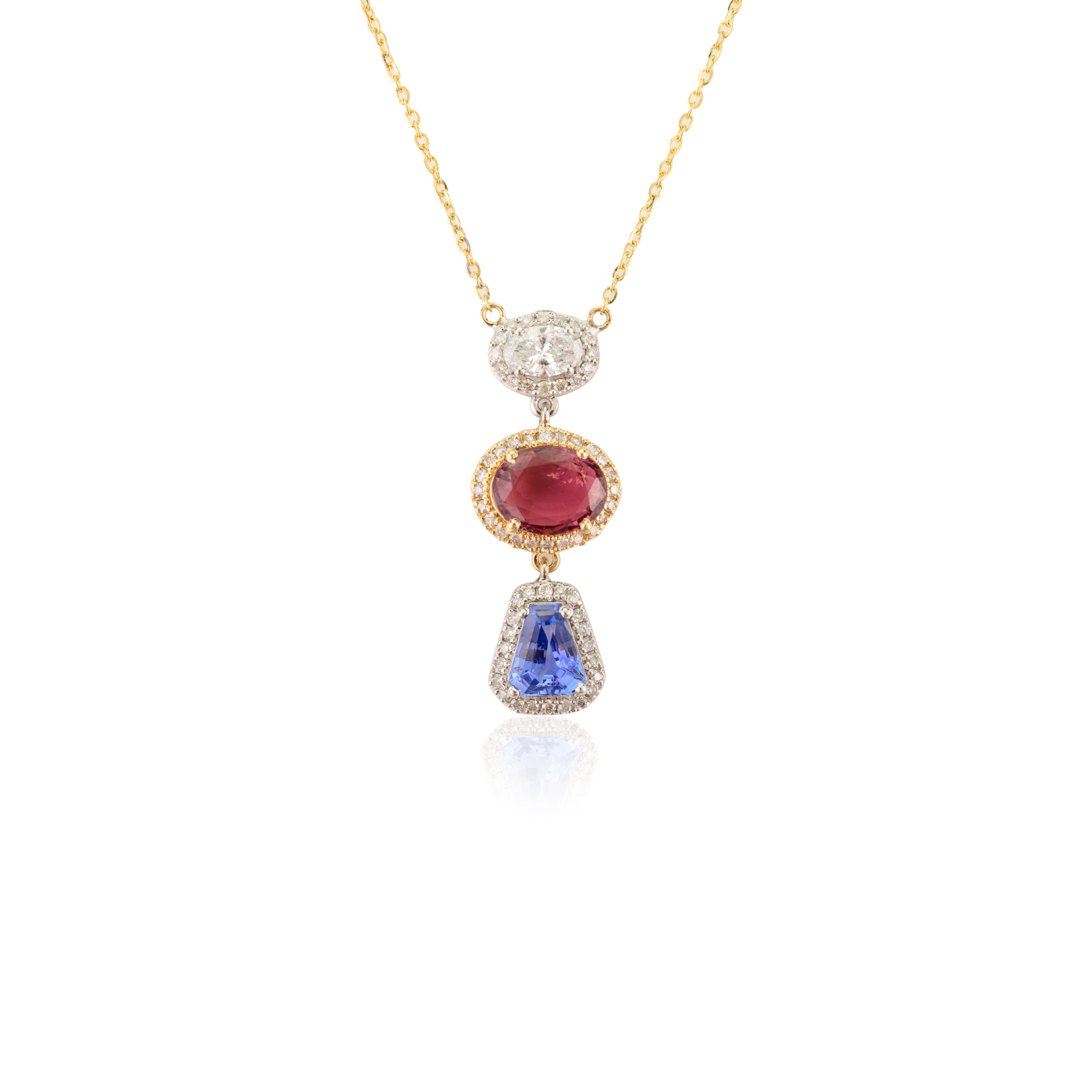 18K Yellow Gold Multi Gemstone Pendant Necklace