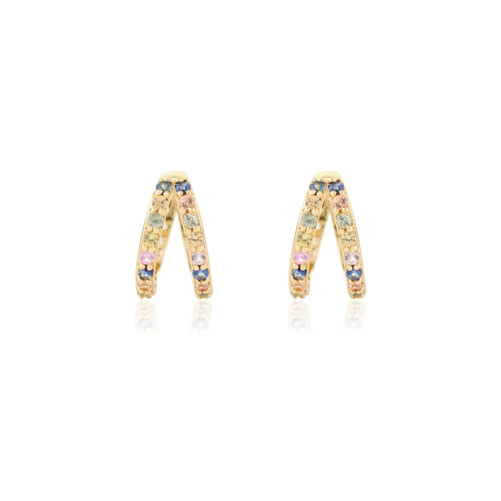 14K Yellow Gold Multi Sapphire Huggie Hoop Earrings Image