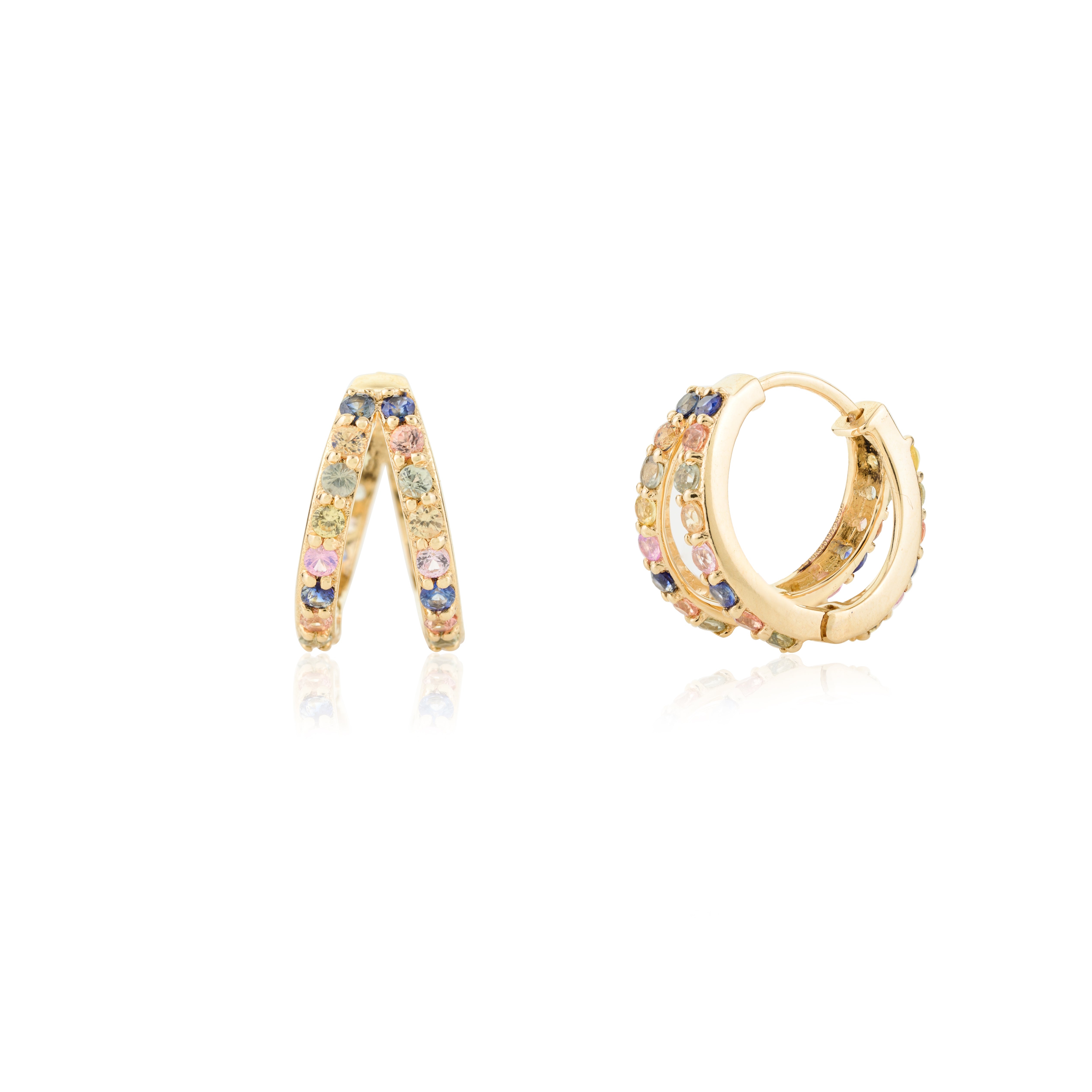 14K Yellow Gold Multi Sapphire Huggie Hoop Earrings - vrjewels-us