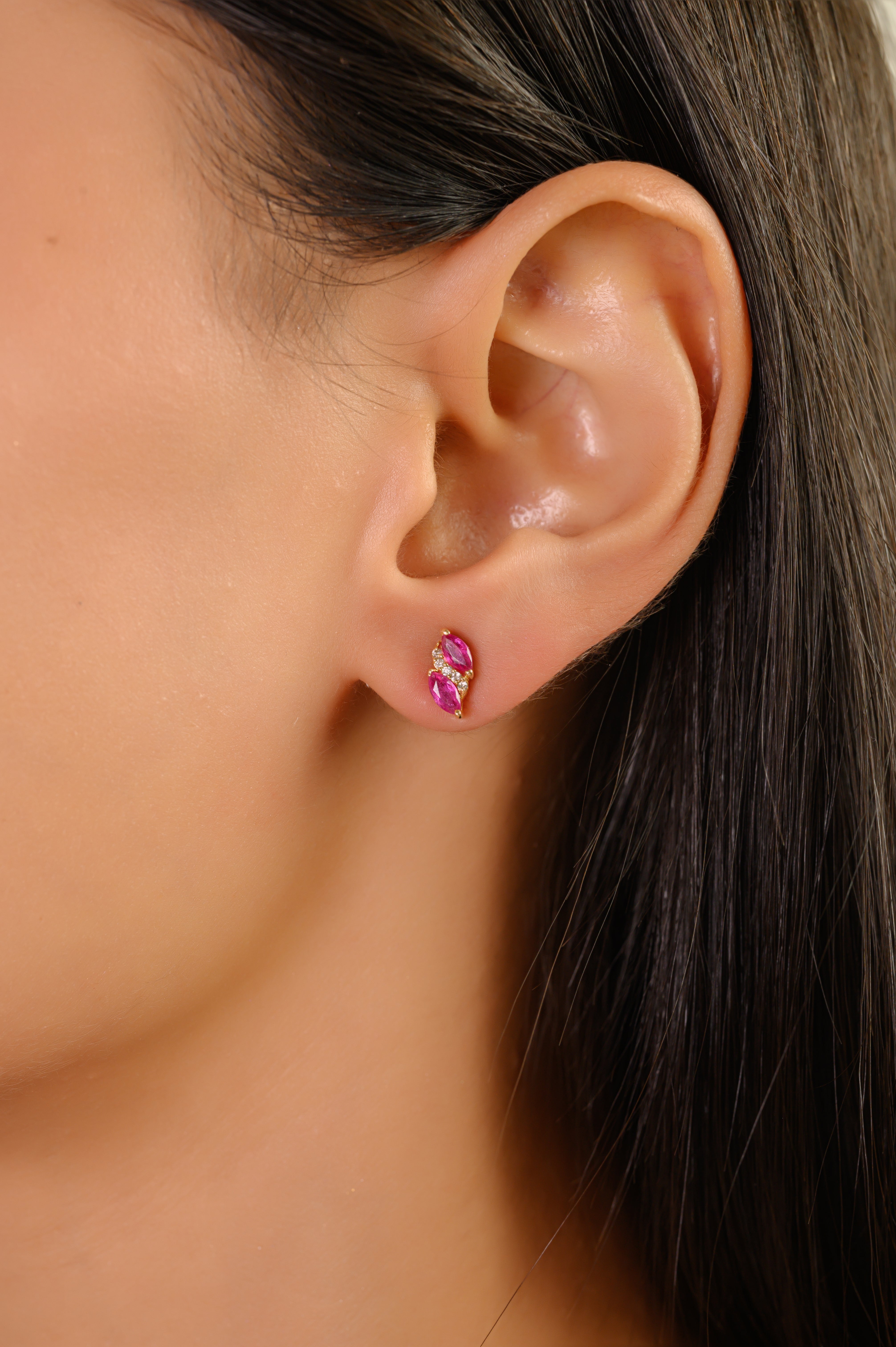 14K Gold Marquise Cut Ruby & Diamond Dainty Stud Earrings