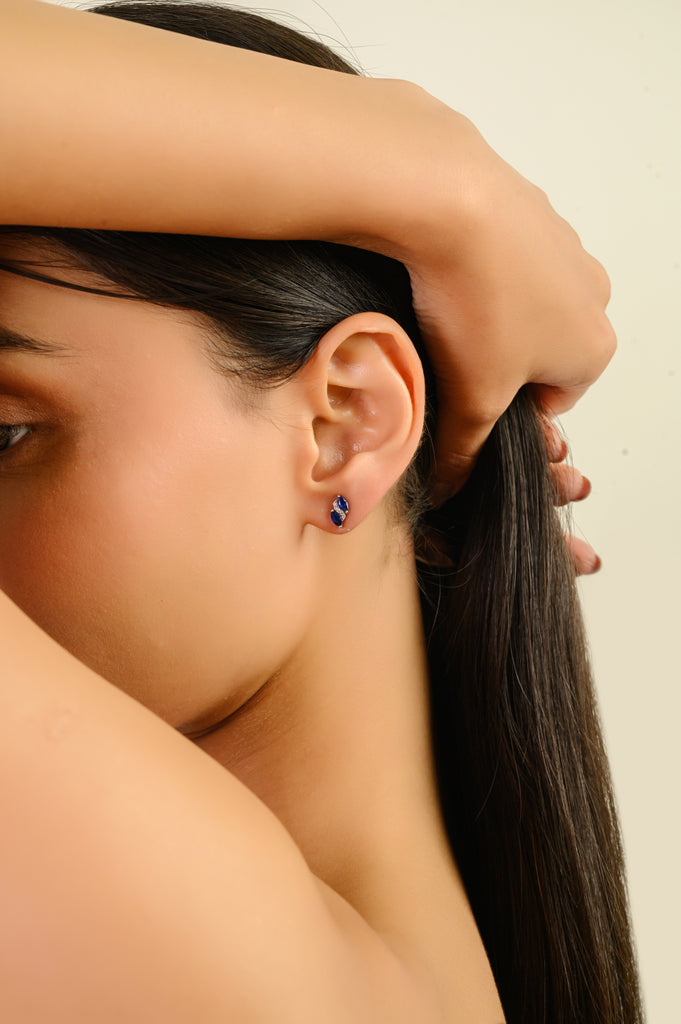 14K Gold Modern Sapphire & Diamond Stud Earrings Image
